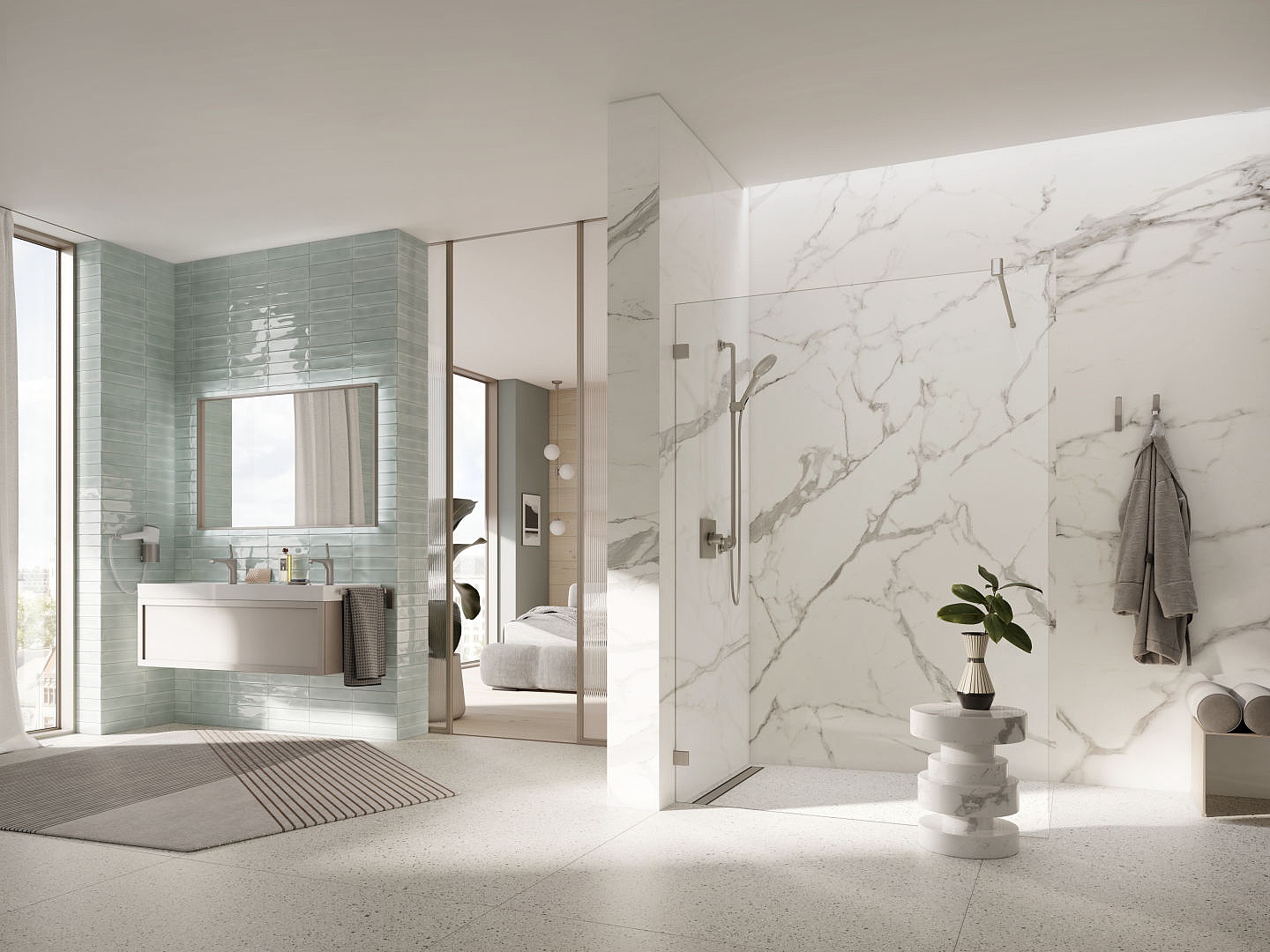 Kermi Beschlag-Dusche MENA WALK-IN Wall mit Wandbeschlag mit Oberfläche Brushed Nickel und ESG Klarglas über EXTRA