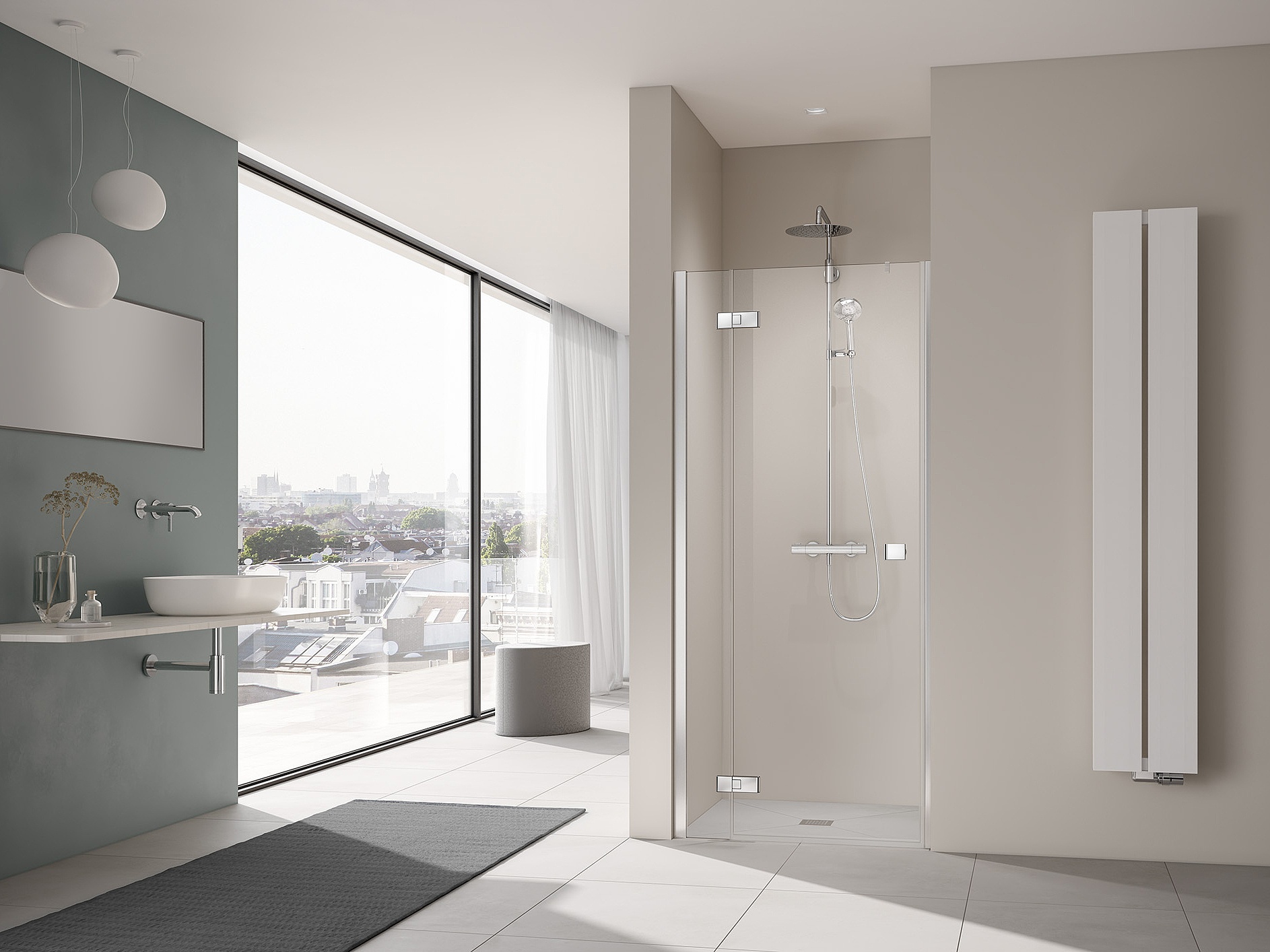 Kermi parois de douche avec ferrure MENA porte battante à 1 vantail avec panneau fixe avec profilé mural