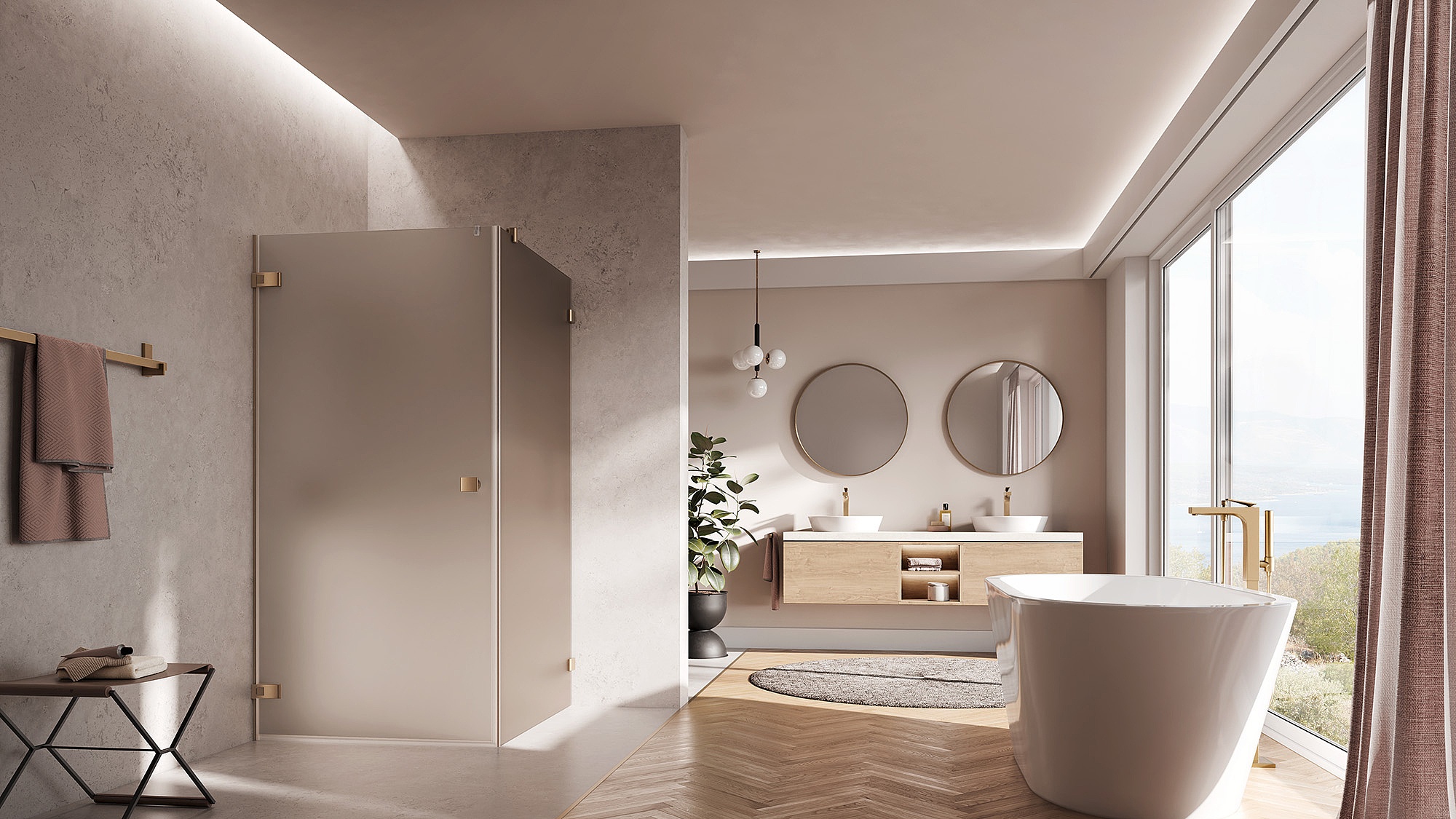 Kermi Duschdesign Beschlag-Duschkabine MENA Pendeltür 1-flügelig mit Festfeld mit Wandbeschlag in Brushed Bronze und Farbglas Bronze Matt über EXTRA