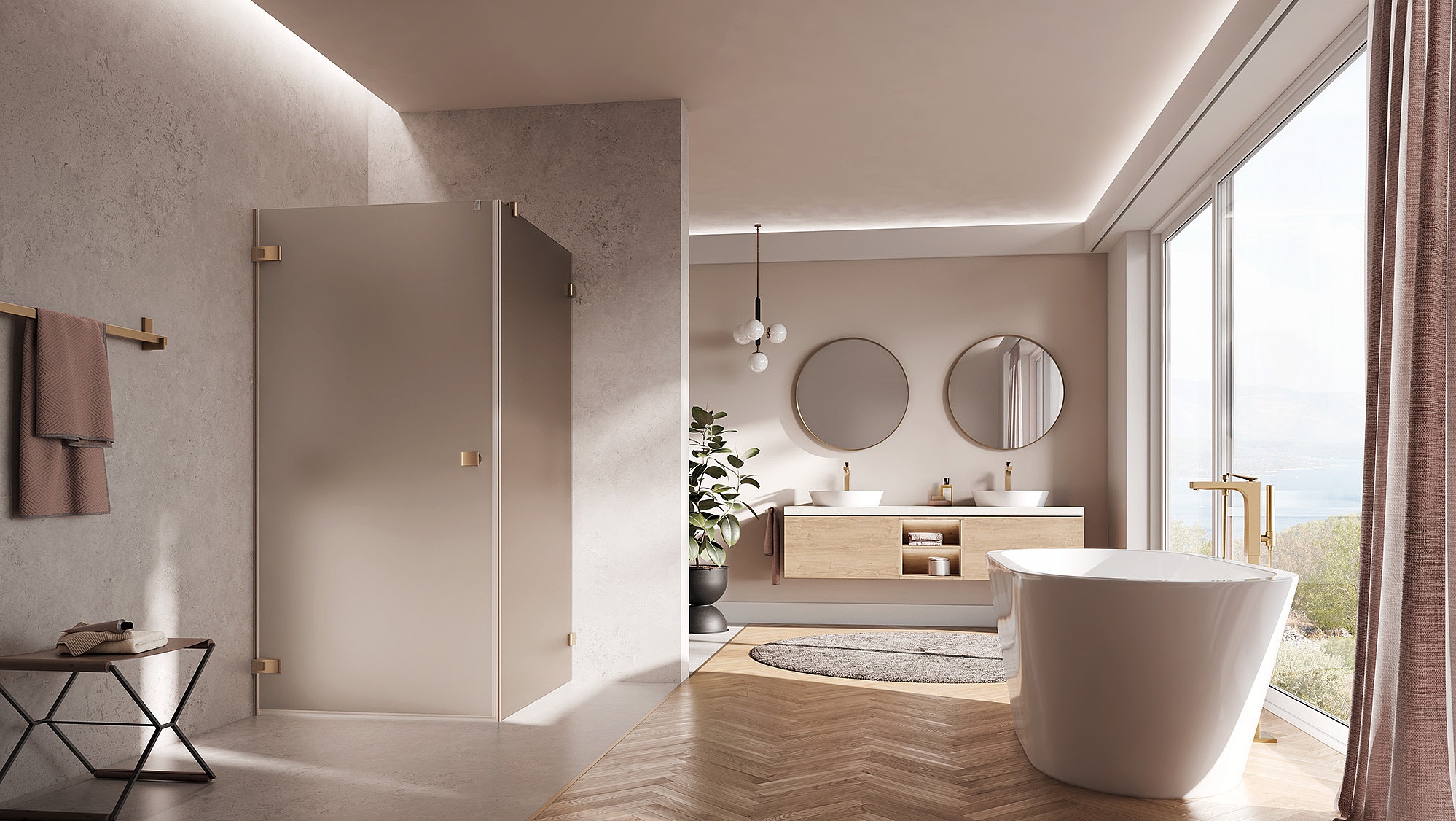 Kermi Beschlag-Duschkabine MENA Pendeltür 1-flügelig mit Festfeld mit Wandbeschlag in Brushed Bronze und Farbglas Bronze Matt über EXTRA