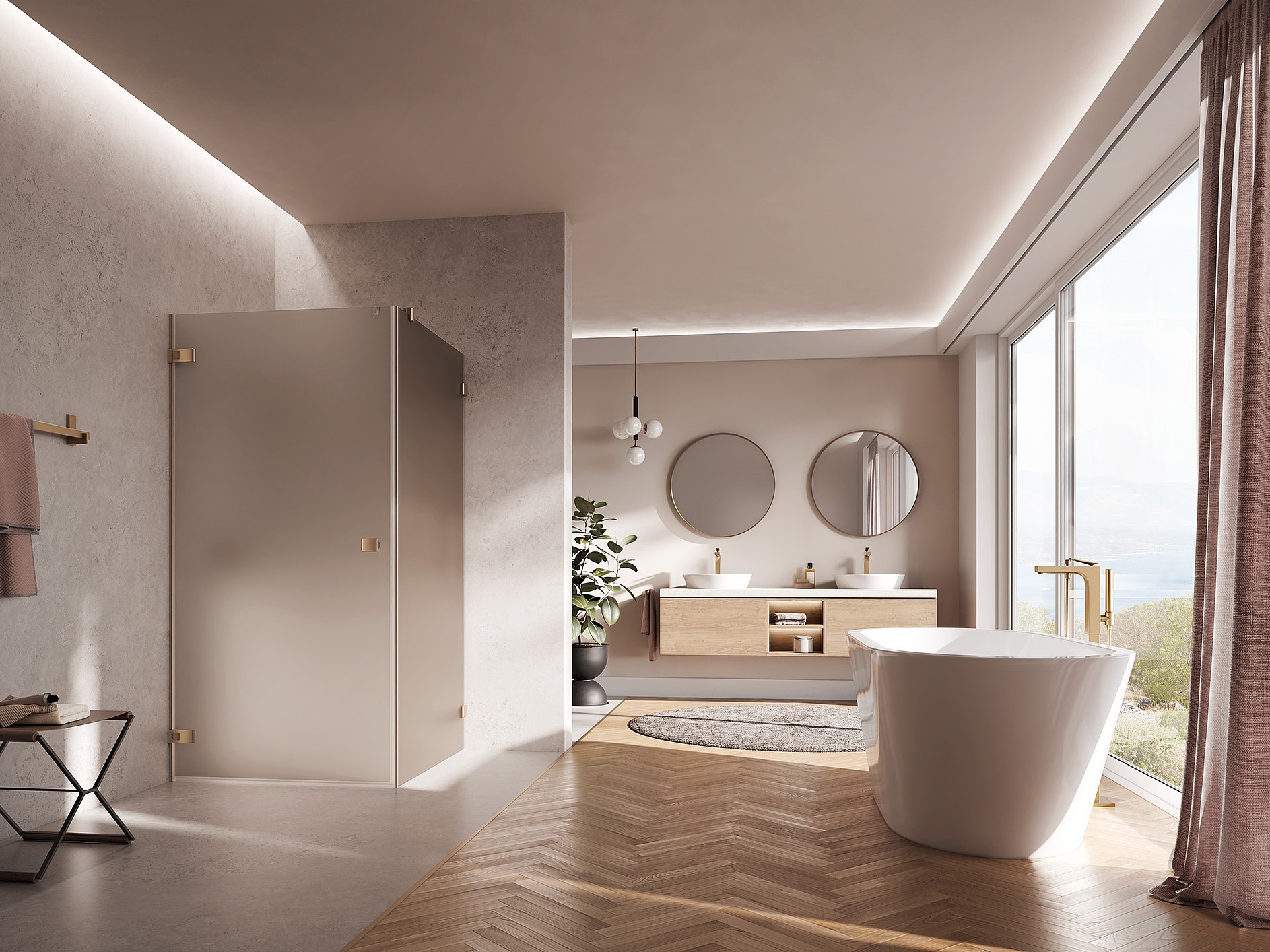 Kermi Beschlag-Duschkabine MENA Pendeltür 1-flügelig mit Festfeld mit Wandbeschlag in Brushed Bronze und Farbglas Bronze Matt über EXTRA