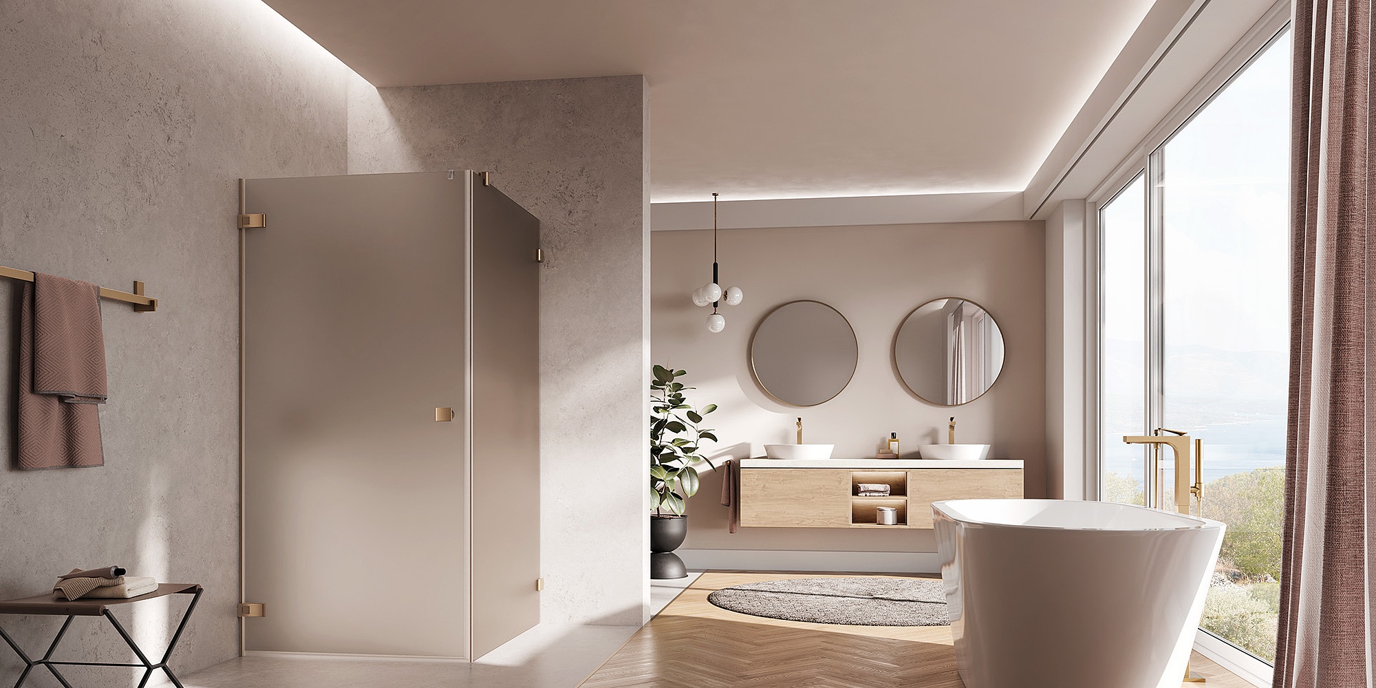 Kermi Beschlag-Duschkabine MENA Pendeltür 1-flügelig mit Festfeld mit Wandbeschlag in Brushed Bronze und Farbglas Bronze Matt über EXTRA