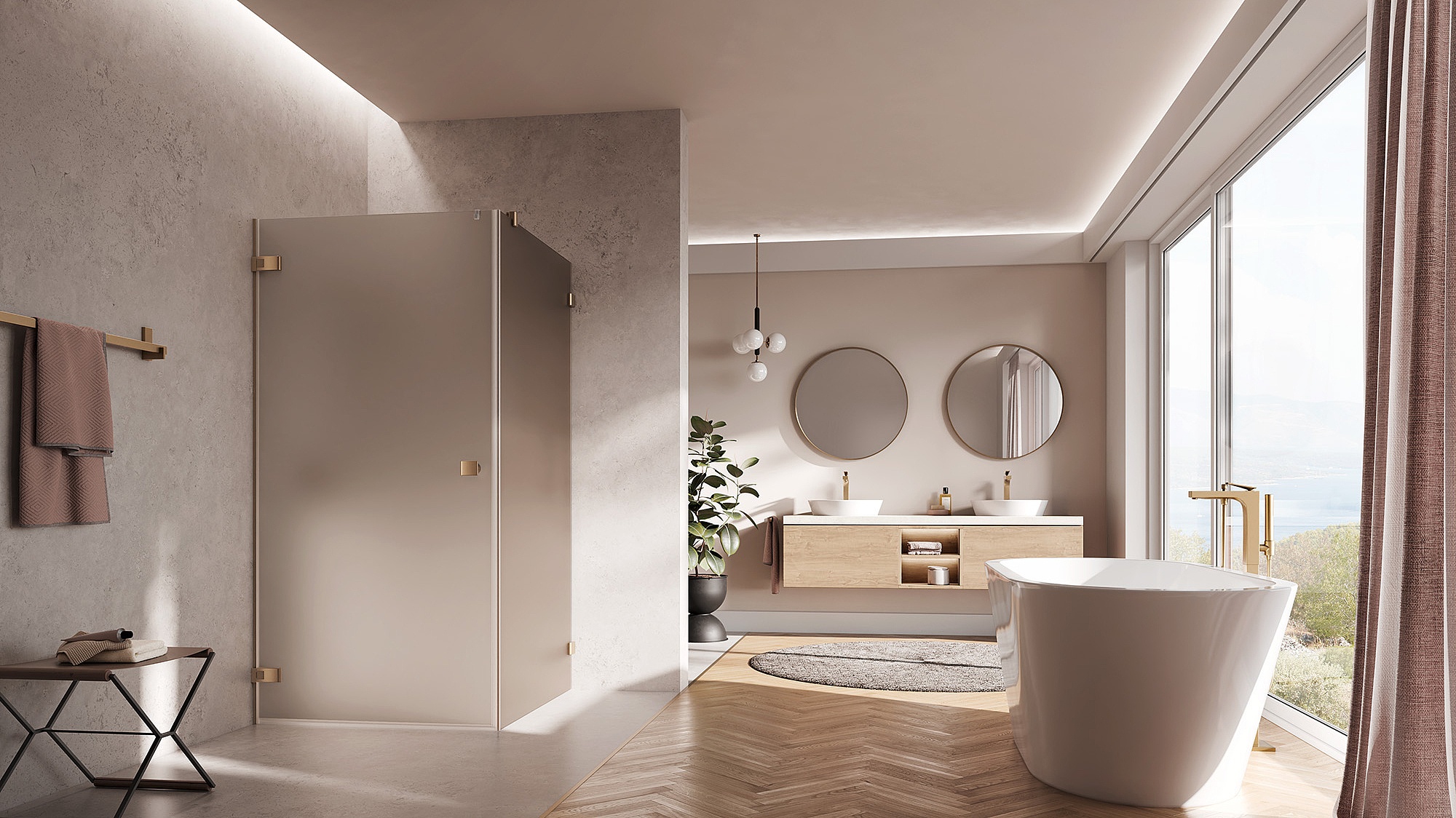 Kermi Beschlag-Duschkabine MENA Pendeltür 1-flügelig mit Festfeld mit Wandbeschlag in Brushed Bronze und Farbglas Bronze Matt über EXTRA