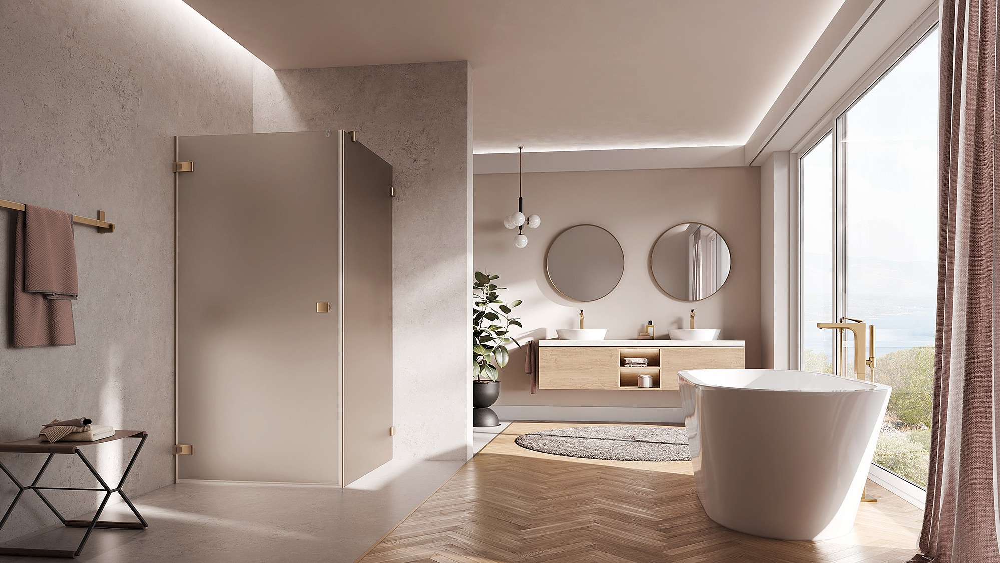 Kermi Beschlag-Duschkabine MENA Pendeltür 1-flügelig mit Festfeld mit Wandbeschlag in Brushed Bronze und Farbglas Bronze Matt über EXTRA