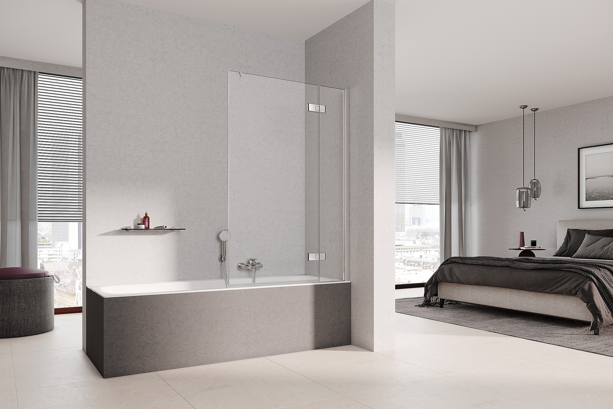 Kermi Duschdesign Badewannenaufsatz MENA WALK-IN Wall mit Wandprofil mit Festfeld im Winkel