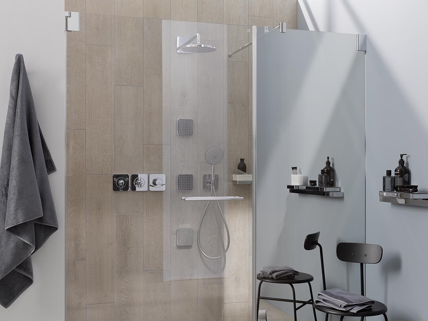 Kermi hinged shower enclosure PASA single-panel hinged door and fixed panel customized via EXTRA