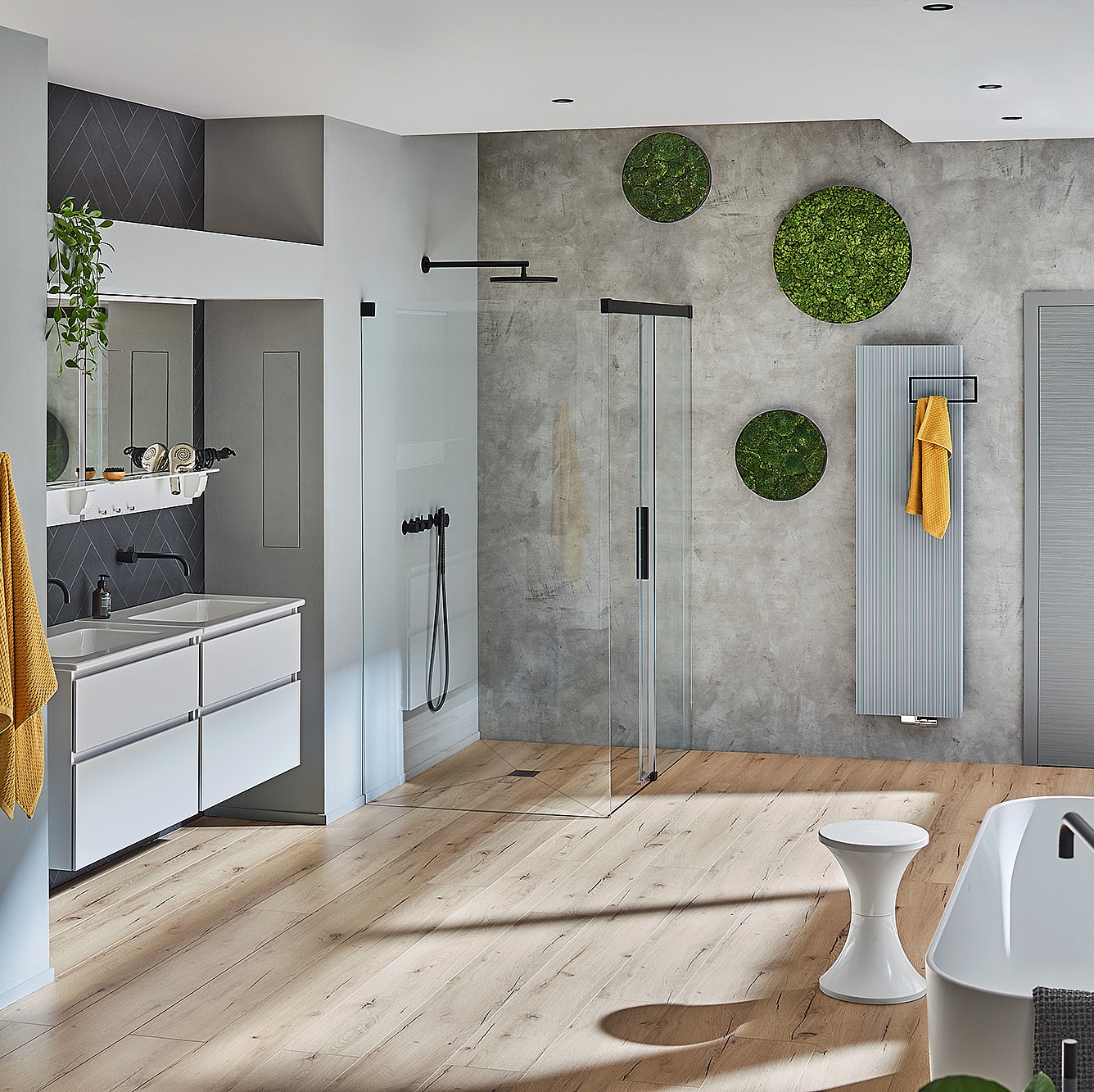 Paroi de douche à profilé Kermi avec porte coulissante NICA à 2 éléments avec surface au sol libre et élément fixe sans profilé mural 