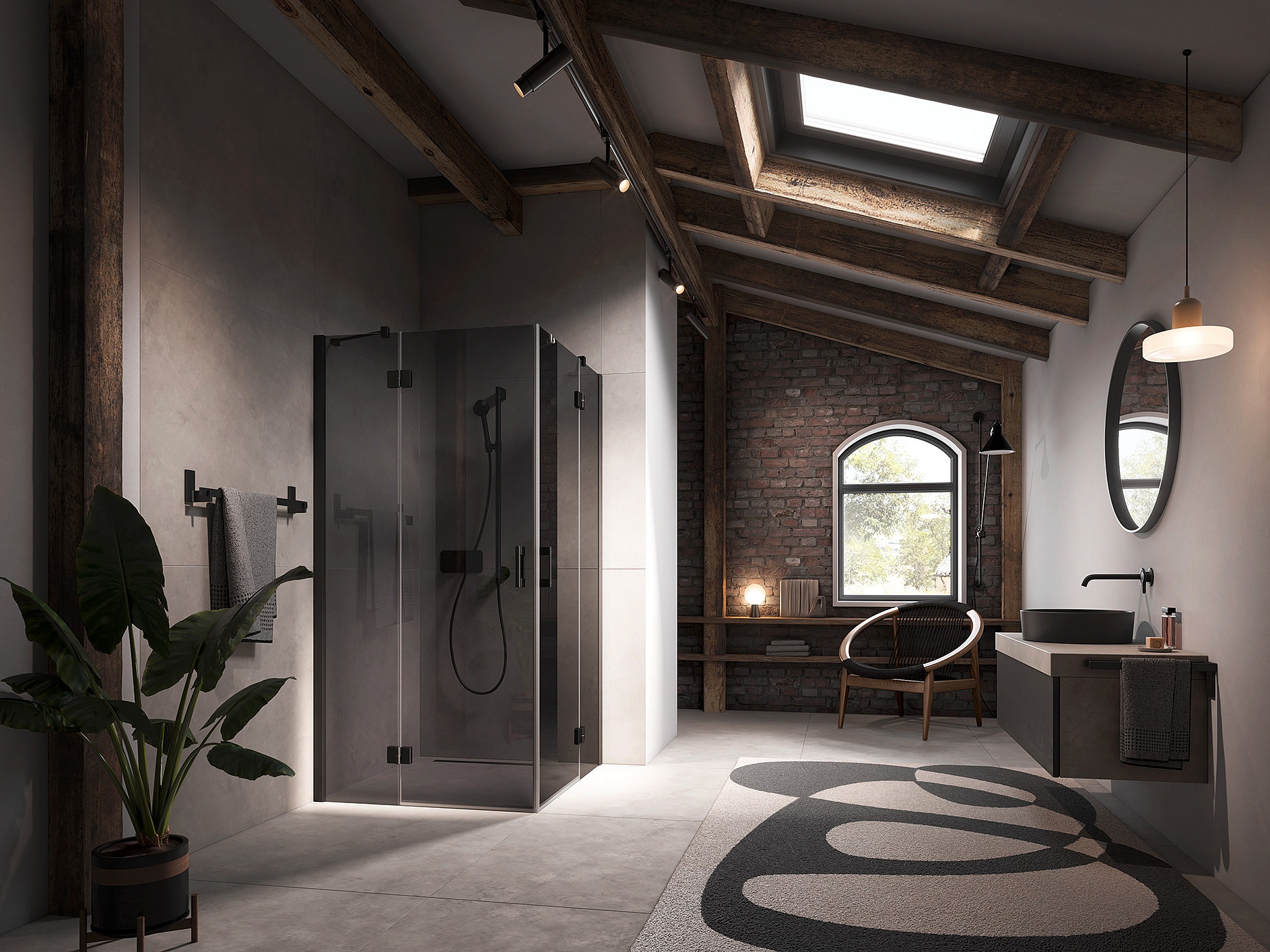 Kermi Profil-Duschkabine LIGA Eckeinstieg 2-teilig (Schwingtüren mit Festfeldern) mit Wandprofil in Schwarz Soft und Farbglas Grau über EXTRA