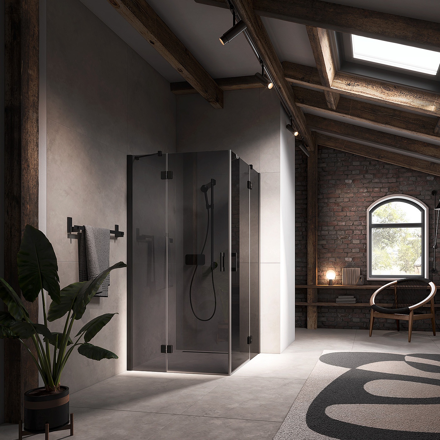 Kermi Duschdesign Profil-Duschkabine LIGA Eckeinstieg 2-teilig (Schwingtüren mit Festfeldern) mit Wandprofil in Schwarz Soft und Farbglas Grau über EXTRA