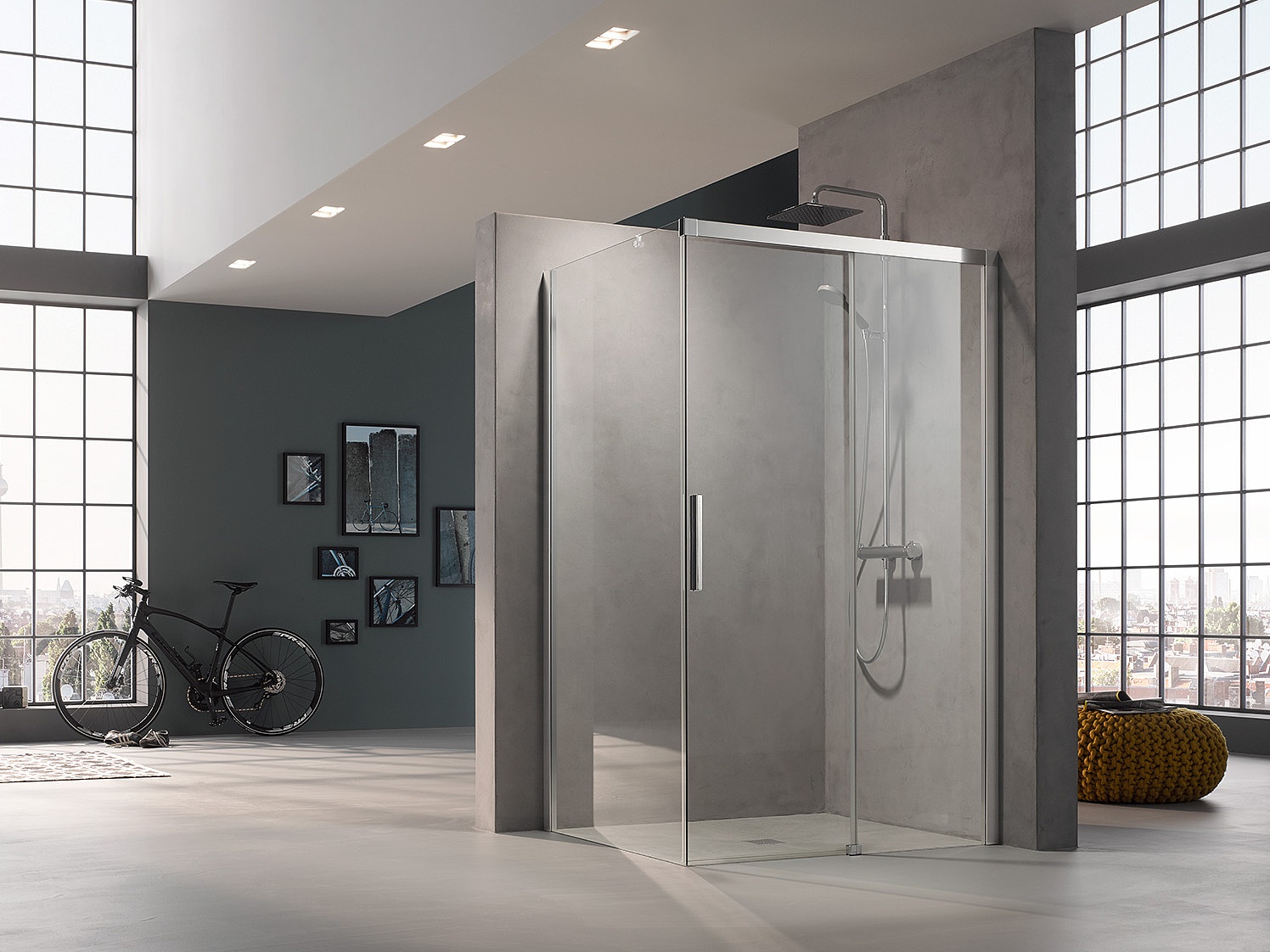 Profilowa kabina prysznicowa Kermi NICA, drzwi przesuwne 2-częściowe bezprogowe z polem stałym, z profilem przyściennym