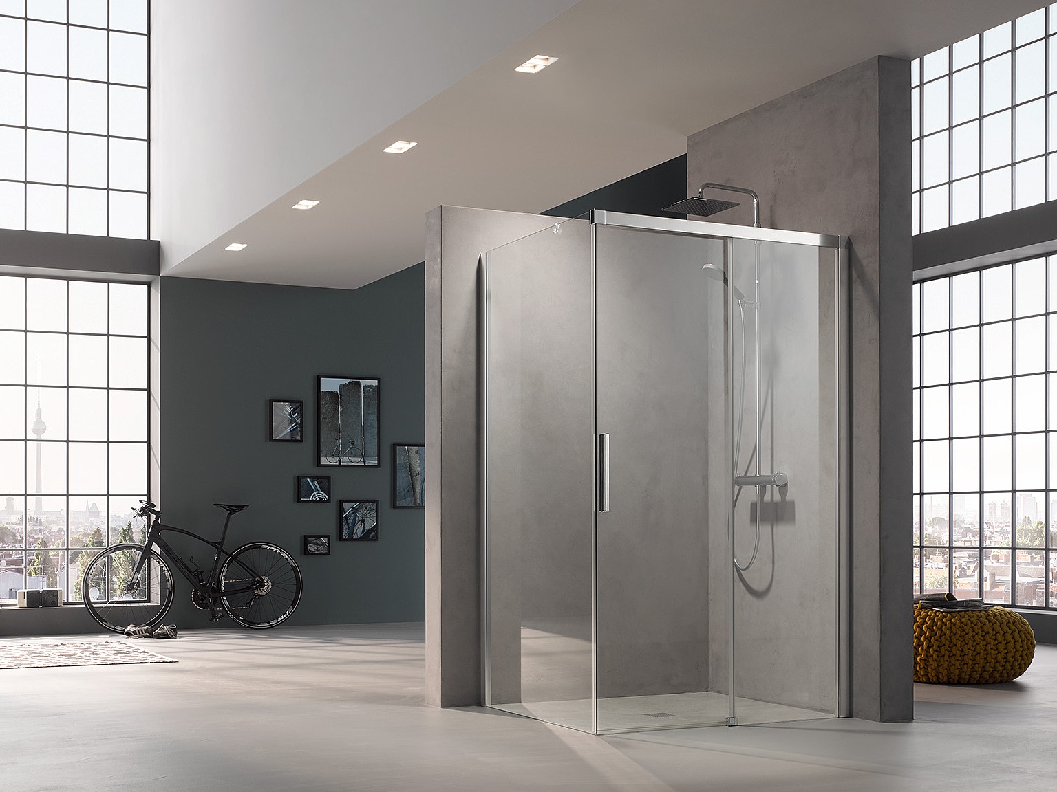 Profilowa kabina prysznicowa Kermi NICA, drzwi przesuwne 2-częściowe bezprogowe z polem stałym, z profilem przyściennym