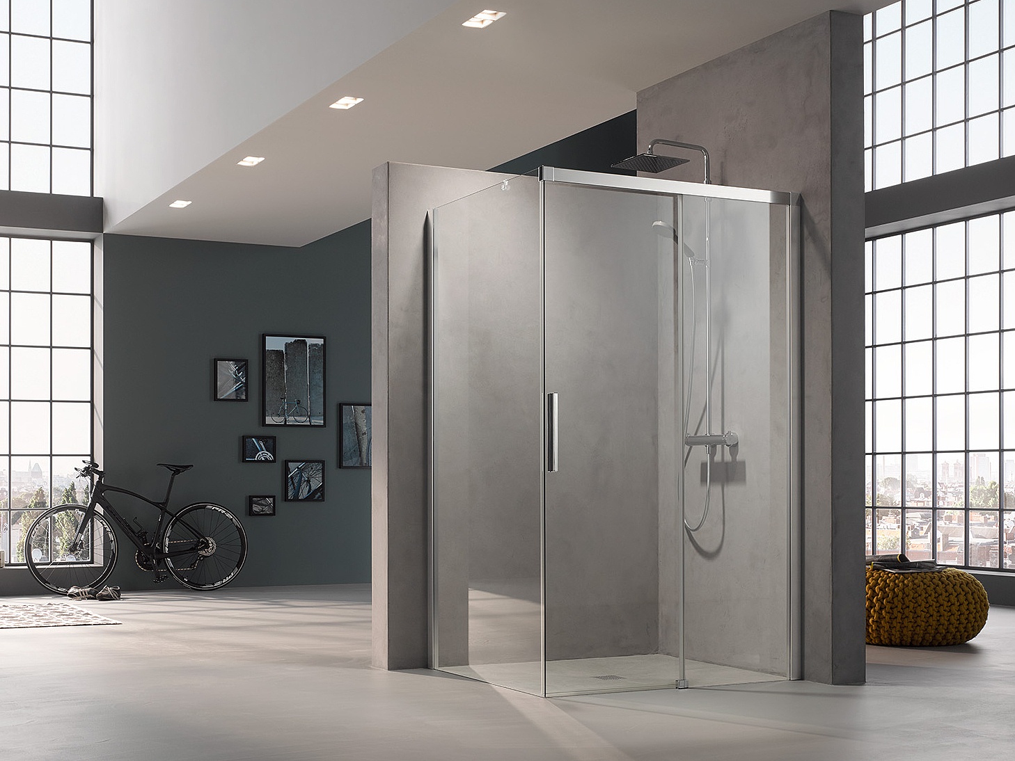 Profilowa kabina prysznicowa Kermi NICA, drzwi przesuwne 2-częściowe bezprogowe z polem stałym, z profilem przyściennym