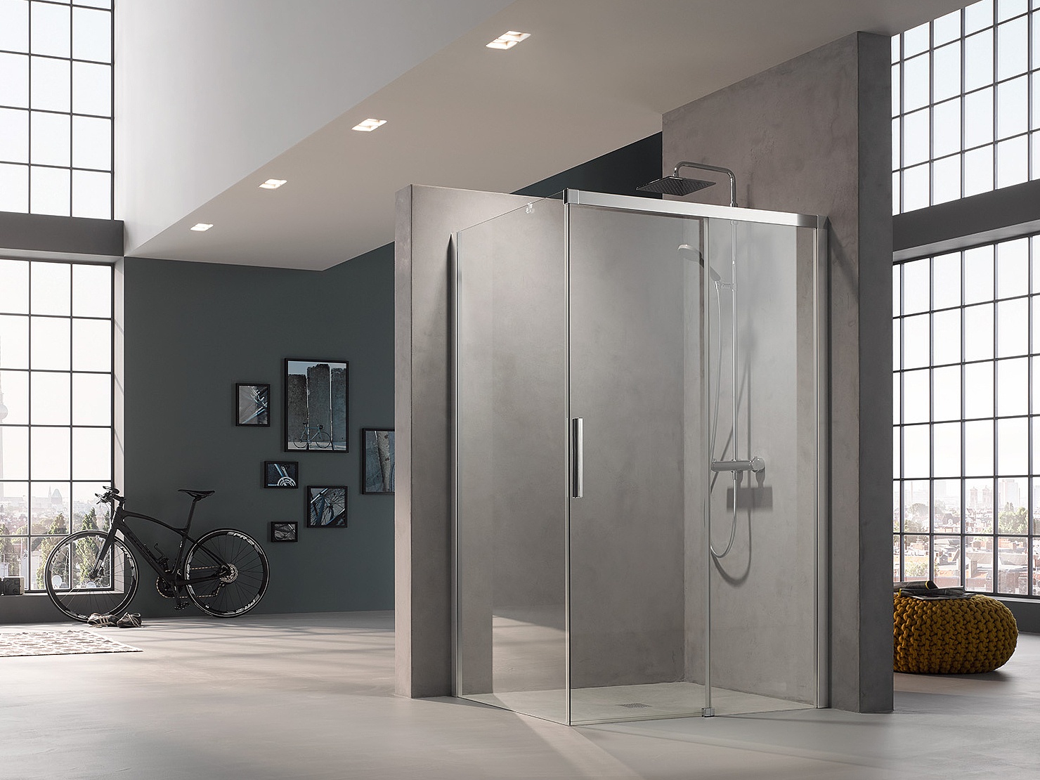 Profilowa kabina prysznicowa Kermi NICA, drzwi przesuwne 2-częściowe bezprogowe z polem stałym, z profilem przyściennym