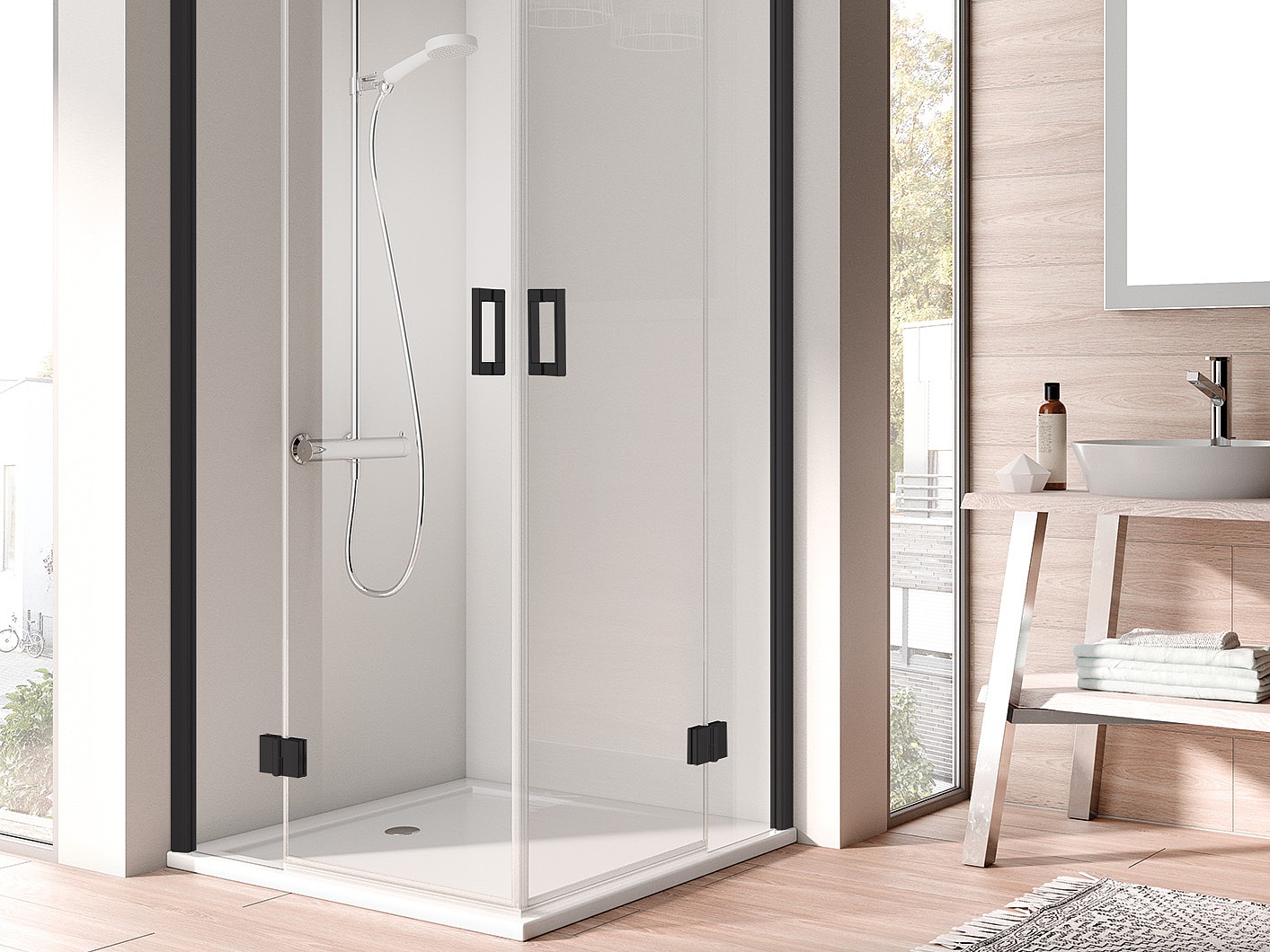 Kabina zawiasowa Kermi OSIA, wejście narożne 2-częściowe (drzwi wahadłowe z polami stałymi) – 1 połowa, czarna