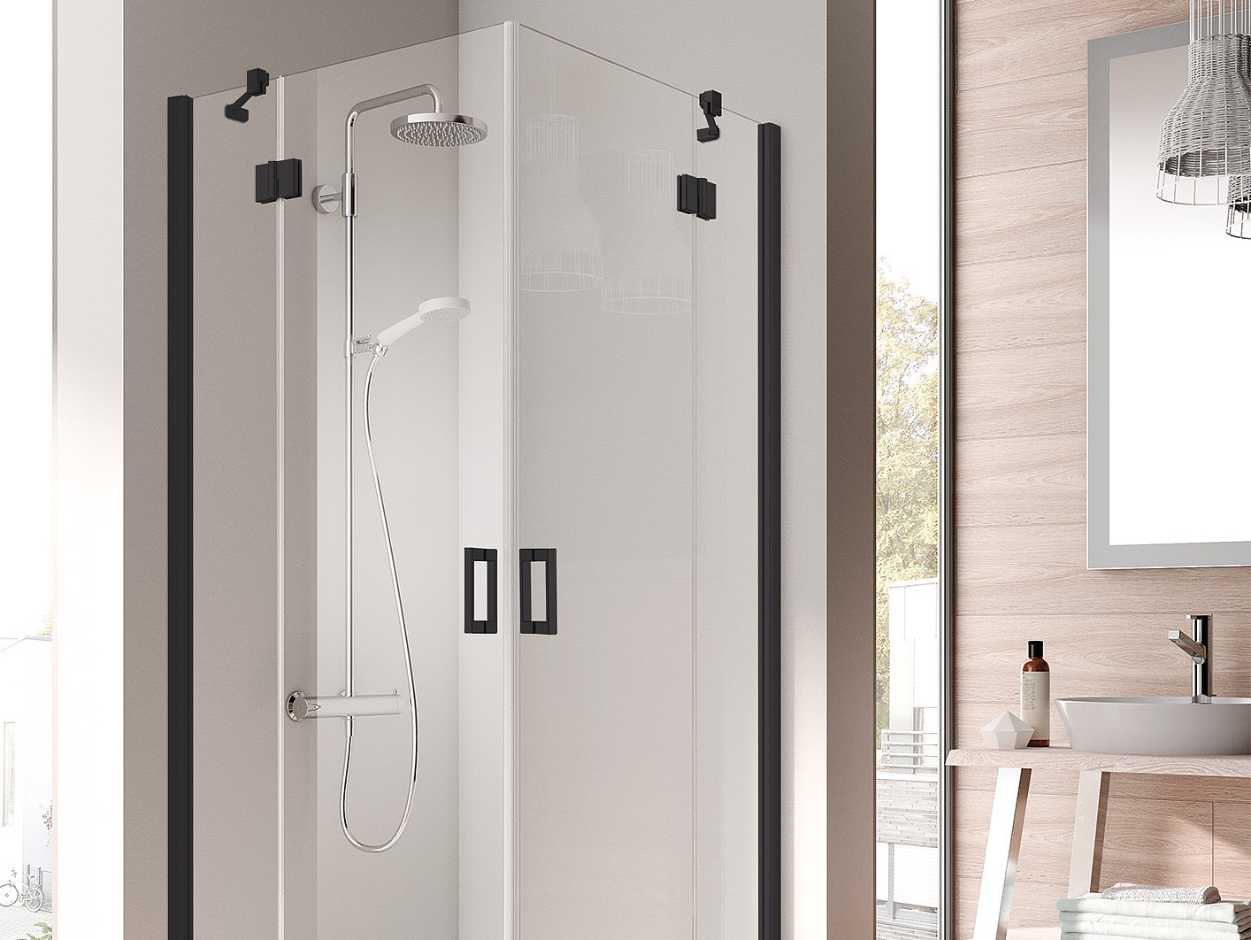 Kabina zawiasowa Kermi OSIA, wejście narożne 2-częściowe (drzwi wahadłowe z polami stałymi) – 1 połowa, czarna