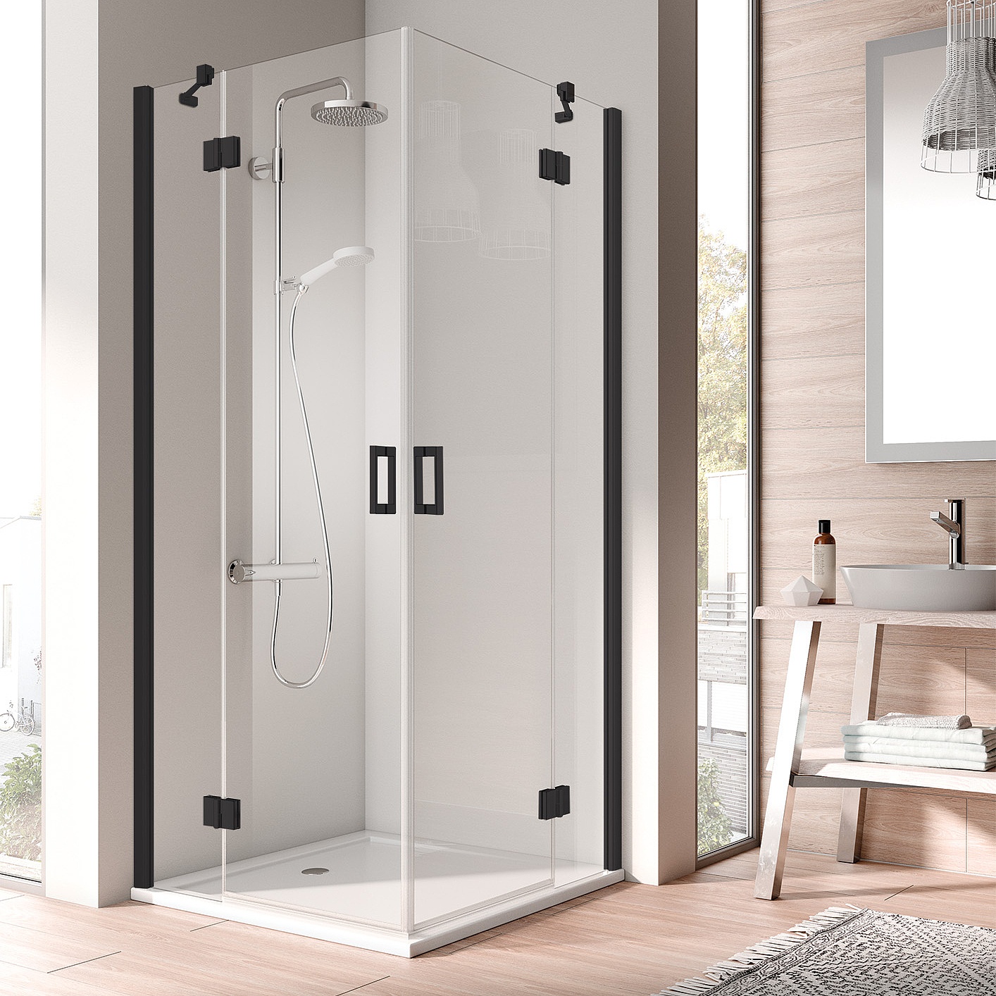 Kabina zawiasowa Kermi OSIA, wejście narożne 2-częściowe (drzwi wahadłowe z polami stałymi) – 1 połowa, czarna