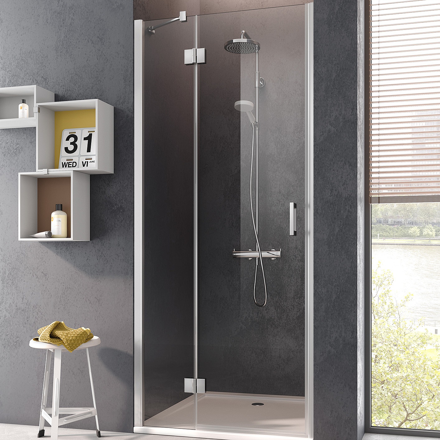 Zawiasowa kabina prysznicowa Kermi OSIA, drzwi skrzydłowe z polem stałym