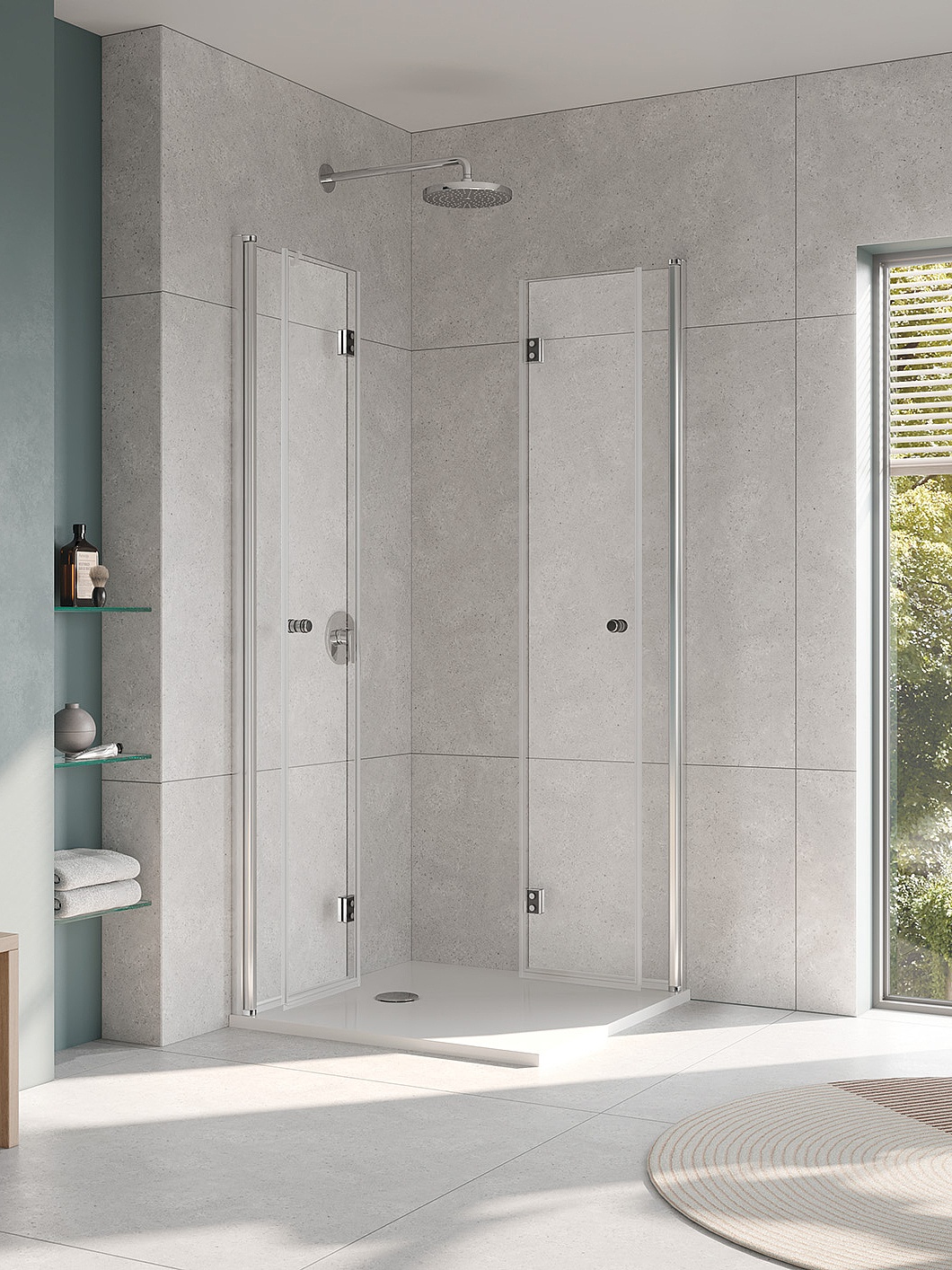 Paroi de douche à profilé Kermi avec accès d’angle JONA à 2 éléments (portes pivotantes repliables) replié