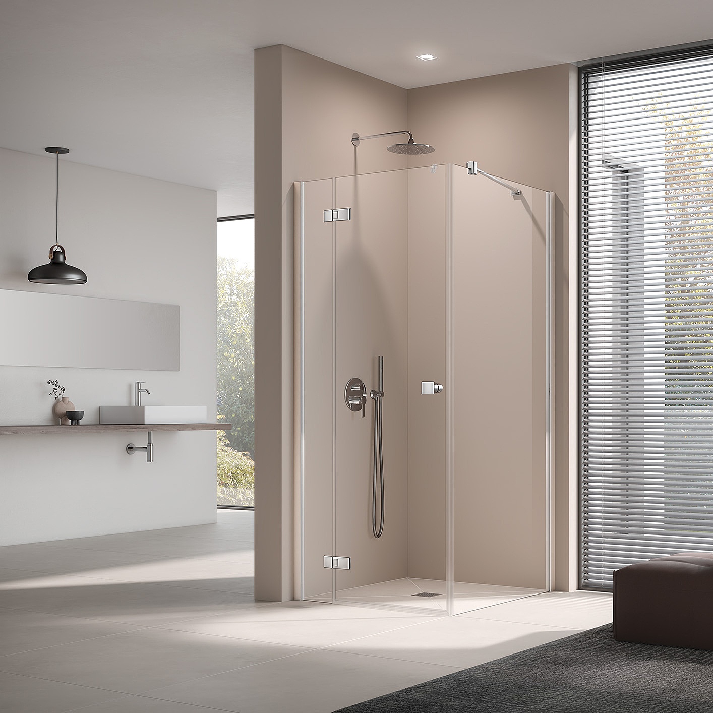 Kermi parois de douche avec ferrure MENA porte battante à 1 vantail avec panneau fixe avec profilé mural et paroi latérale