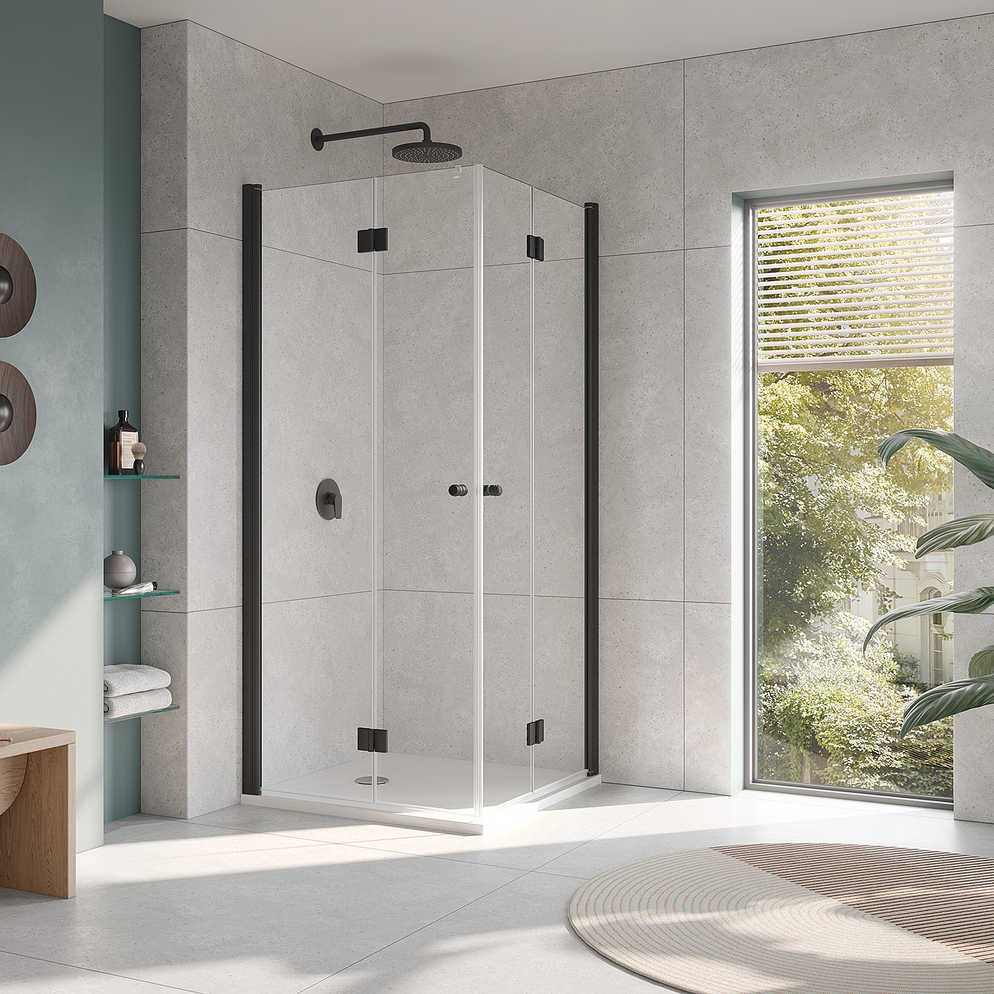 Paroi de douche à profilé Kermi avec accès d’angle JONA à 2 éléments (portes pivotantes repliables) noir