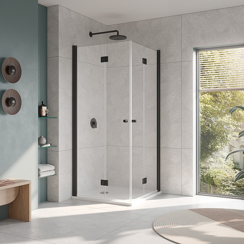 Paroi de douche à profilé Kermi avec accès d’angle JONA à 2 éléments (portes pivotantes repliables) noir