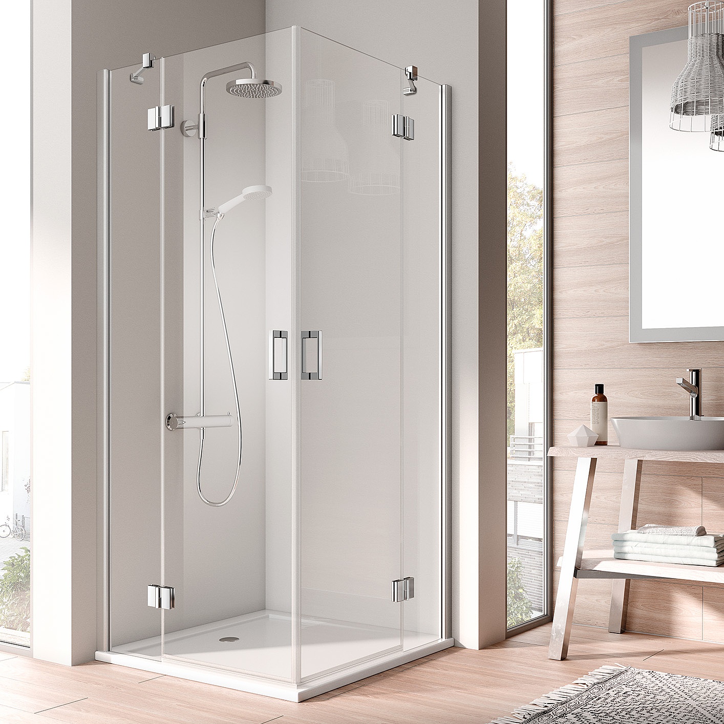 Kabina zawiasowa Kermi OSIA z wejściem narożnym 2-częściowa (drzwi wahadłowe z polami stałymi) – 1 połowa 