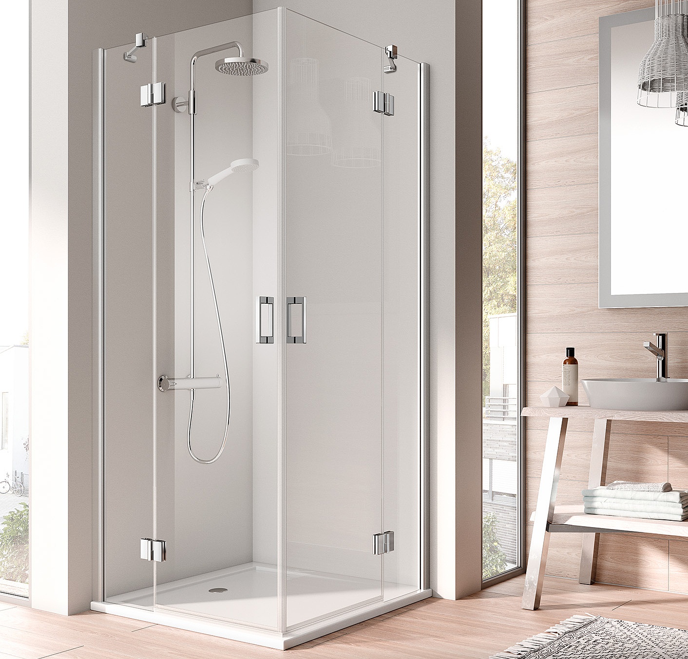 Kabina zawiasowa Kermi OSIA z wejściem narożnym 2-częściowa (drzwi wahadłowe z polami stałymi) – 1 połowa 