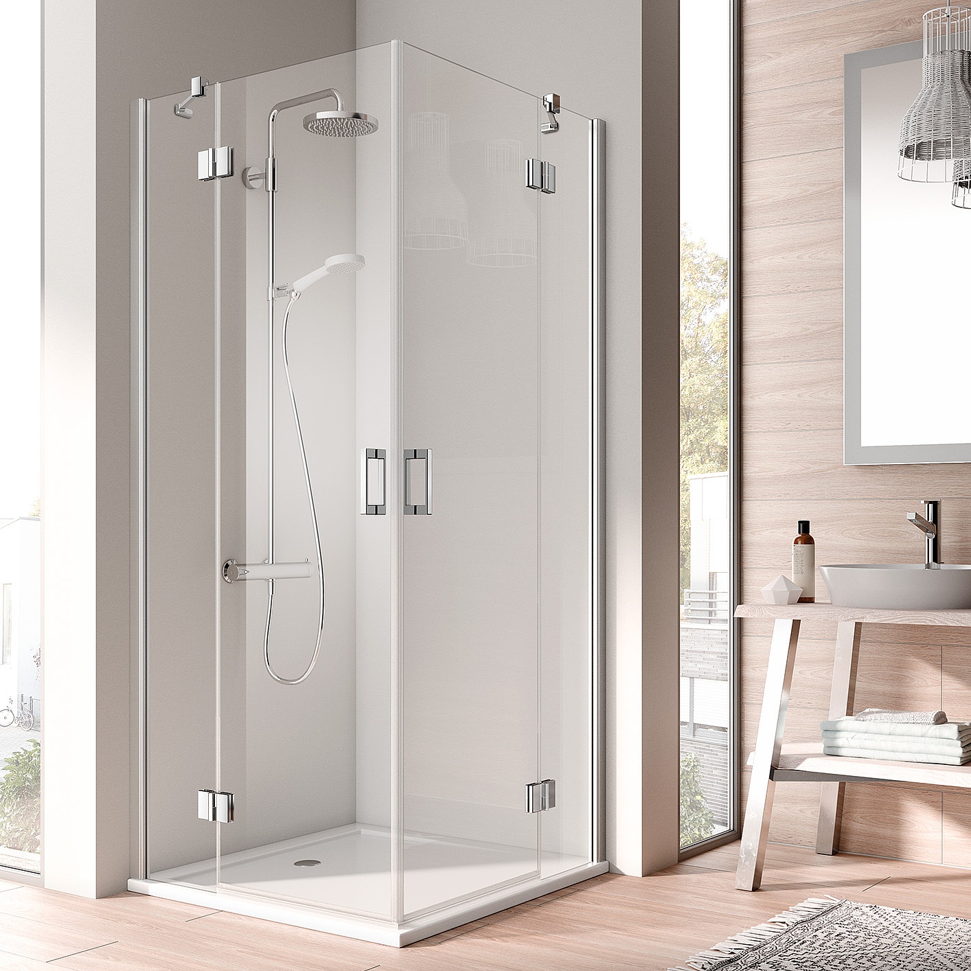 Kabina zawiasowa Kermi OSIA z wejściem narożnym 2-częściowa (drzwi wahadłowe z polami stałymi) – 1 połowa 