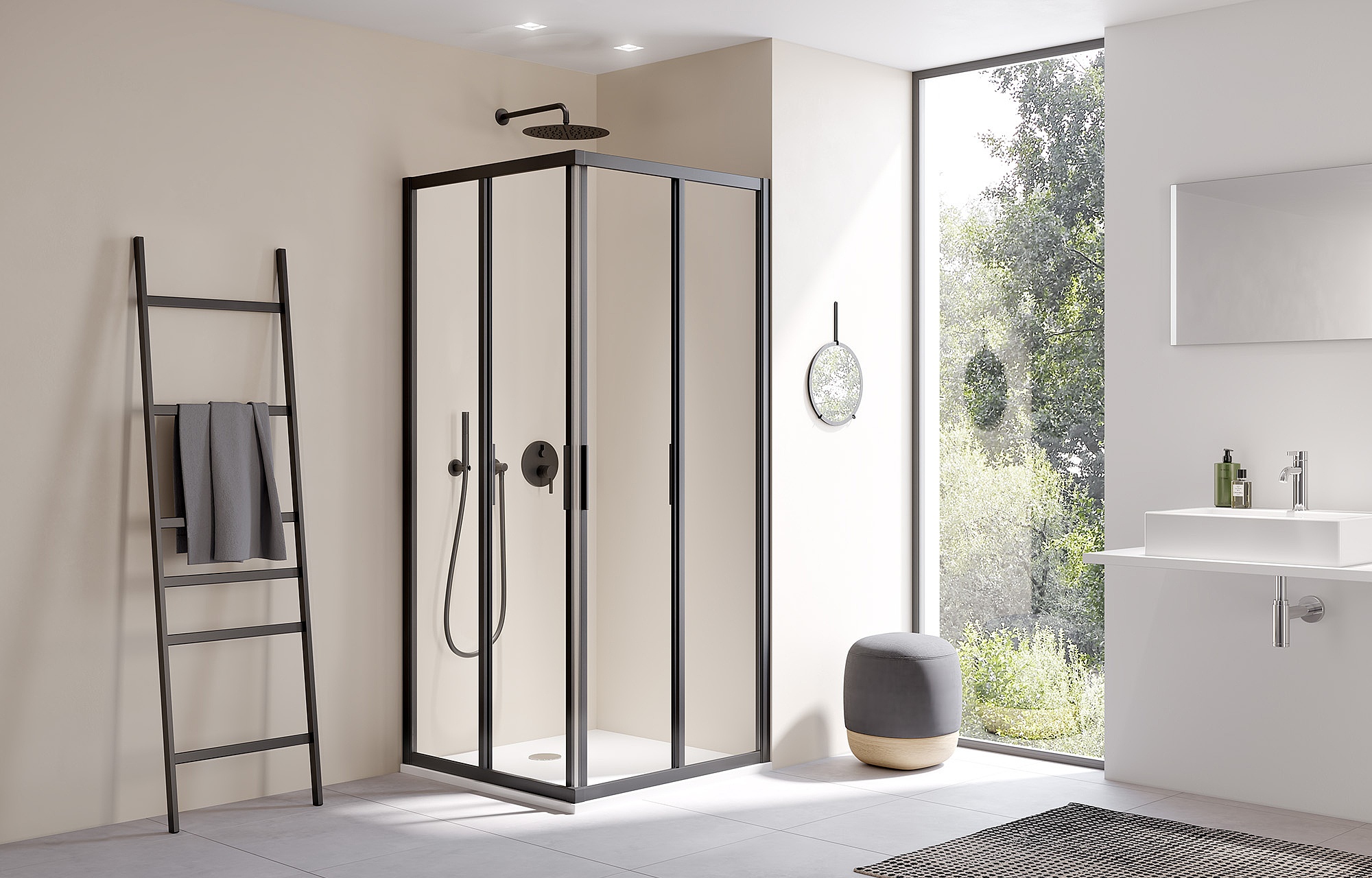 Paroi de douche à profilé Kermi avec accès d’angle CADA XS à 2 éléments (portes coulissantes) – Demi-ensemble Noir