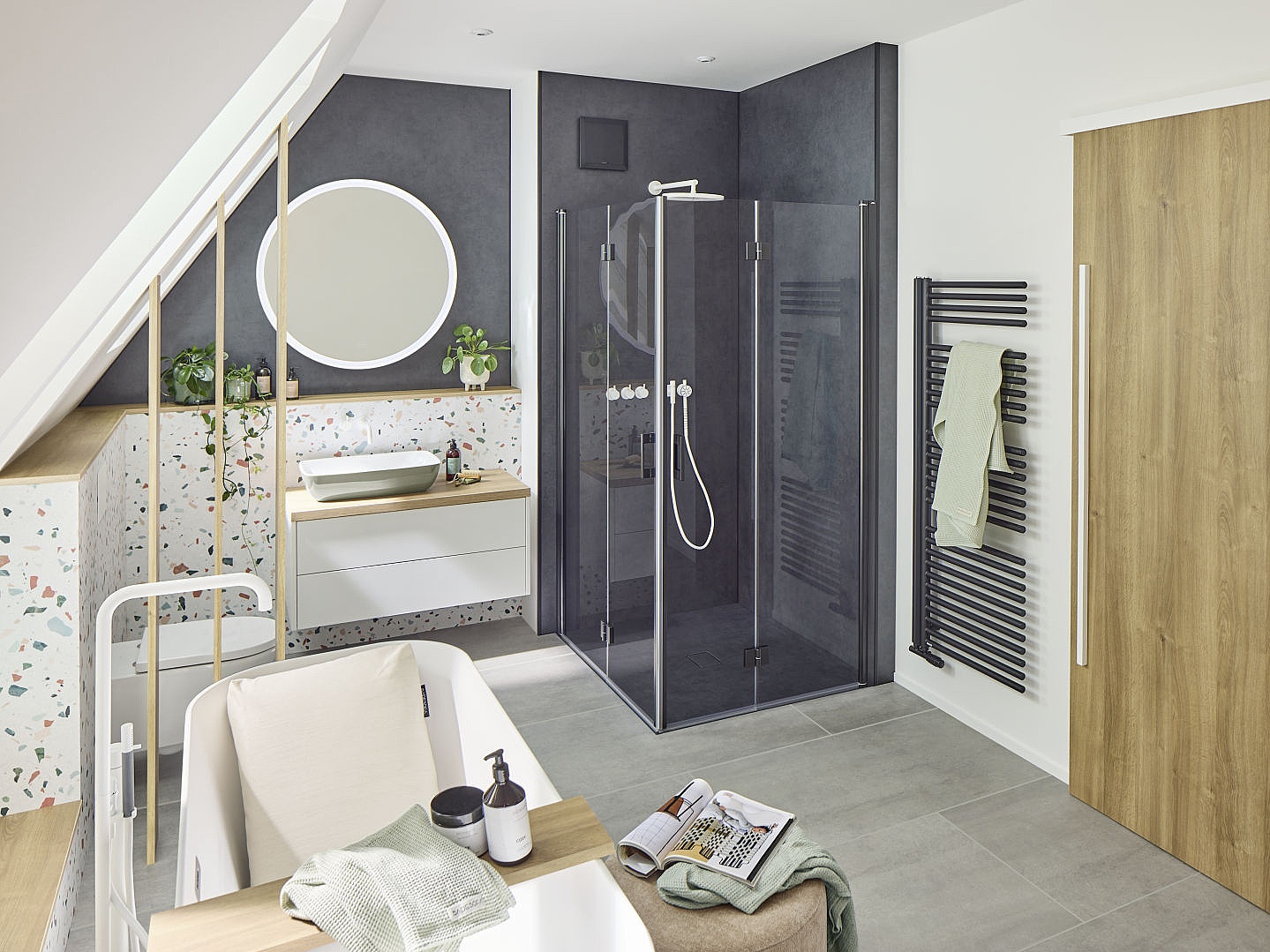Kermi Profile shower enclosure LIGA 2-part corner entry in Soft Black with Grey single panel safety colored glass 