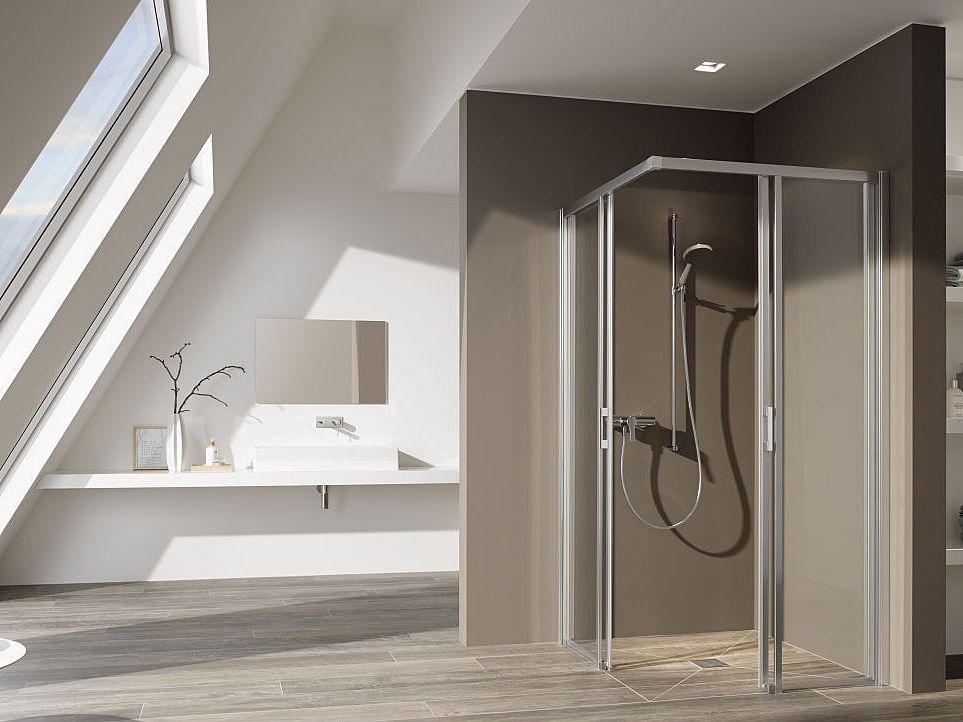 Kermi Duschkabine LIGA Eckeinstieg 2-teilige Schwingtür mit Festfeldern und Duschboard POINT mit Ablauf mittig