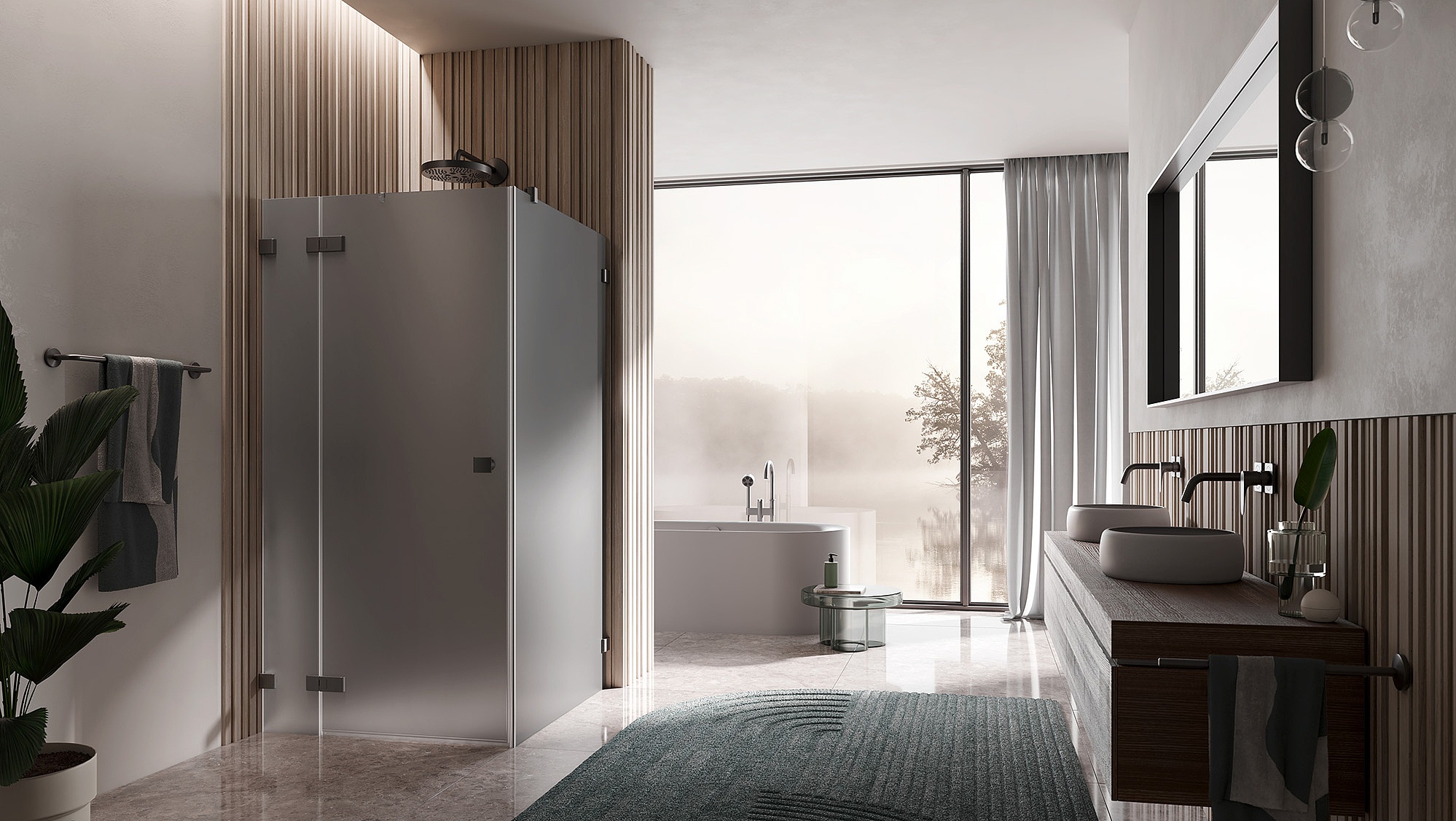 Kermi Beschlag-Duschkabine MENA Pendeltür 1-flügeig mit Festfeld mit Wandbeschlag in Kombination mit Seitenwand mit Wandbeschlag in Brushed Black Chrome und Farbglas Grau Matt über EXTRA