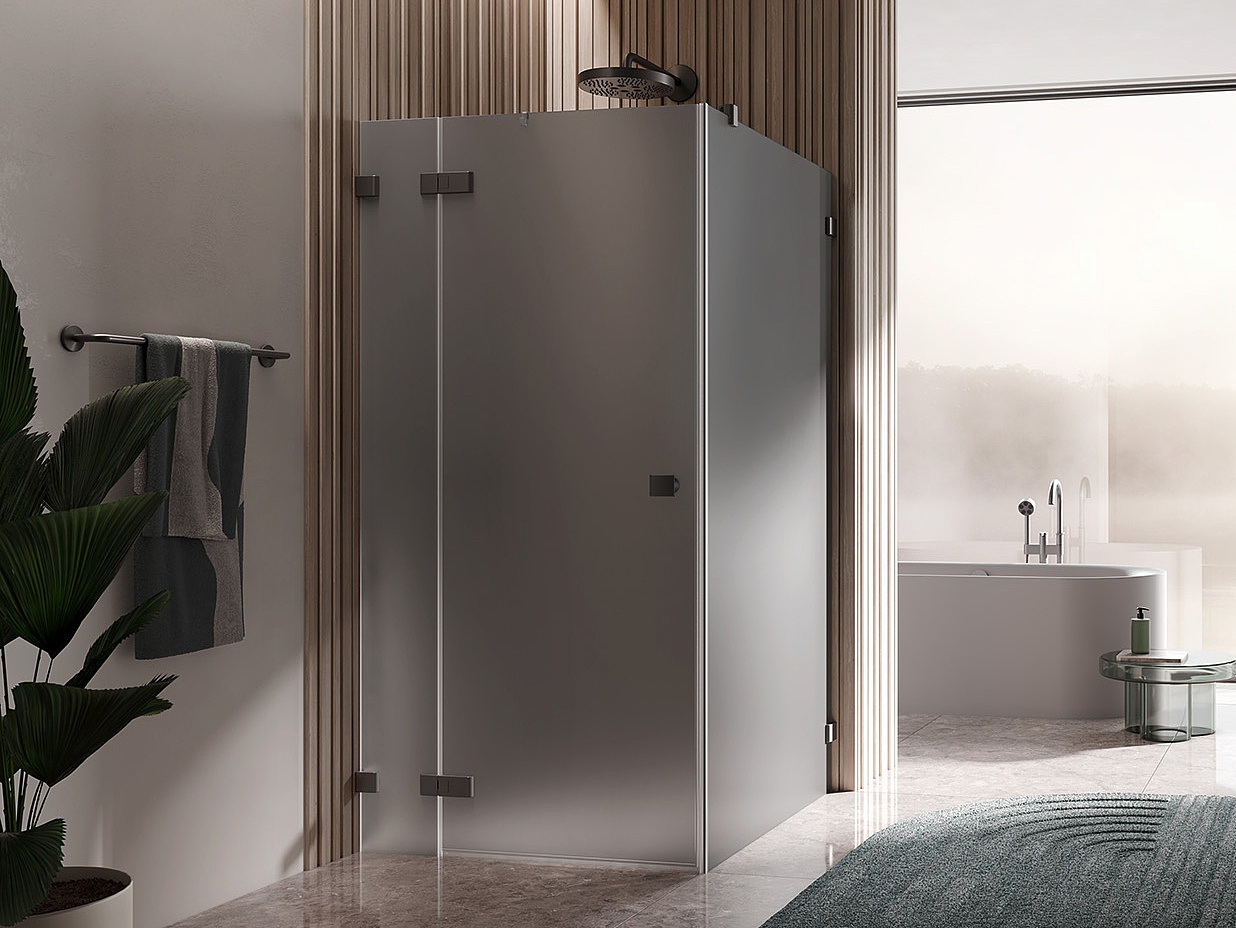 Kermi Duschdesign Beschlag-Duschkabine MENA Pendeltür 1-flügeig mit Festfeld mit Wandbeschlag in Kombination mit Seitenwand mit Wandbeschlag in Brushed Black Chrome und Farbglas Grau Matt über EXTRA