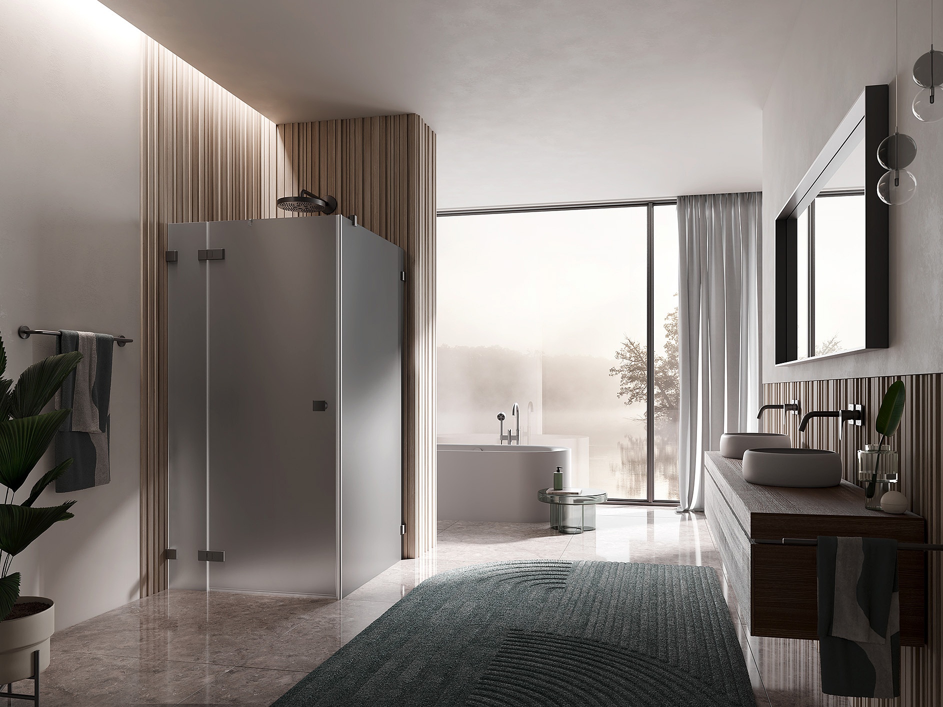 Kermi Beschlag-Duschkabine MENA Pendeltür 1-flügeig mit Festfeld mit Wandbeschlag in Kombination mit Seitenwand mit Wandbeschlag in Brushed Black Chrome und Farbglas Grau Matt über EXTRA