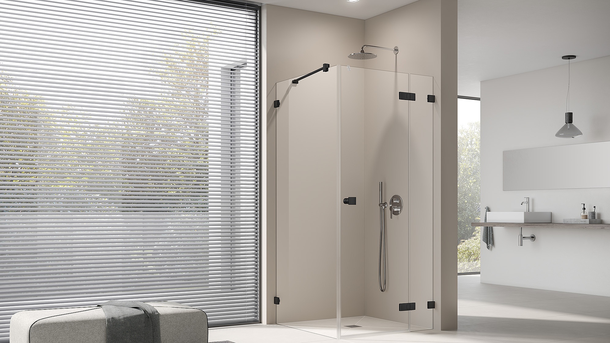 Box doccia Kermi MENA porta a vento a 1 battente con pannelli fissi con ferramenta a parete nero