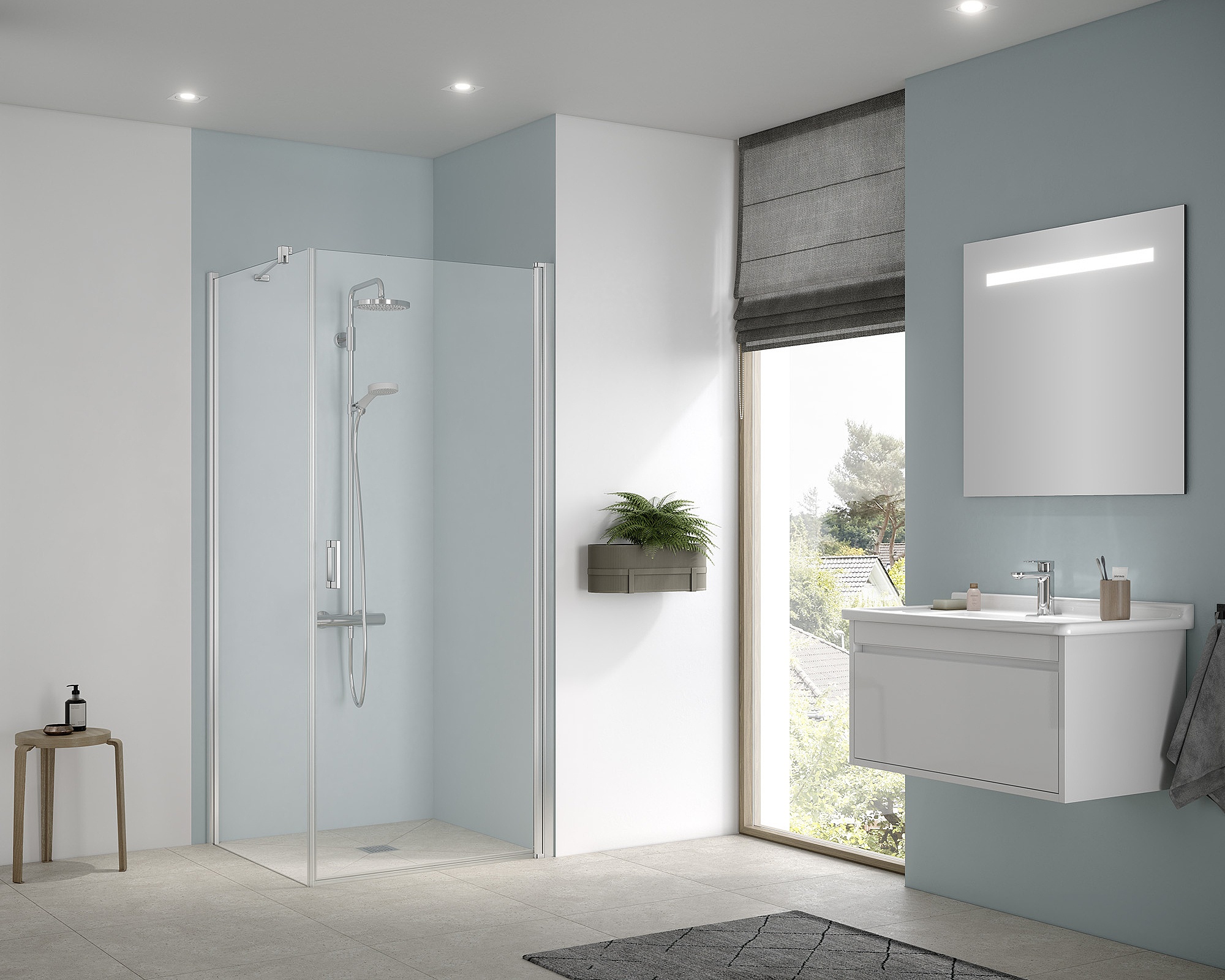 Paroi de douche à profilé Kermi avec porte pivotante CADA XS à 1 vantail et paroi latérale