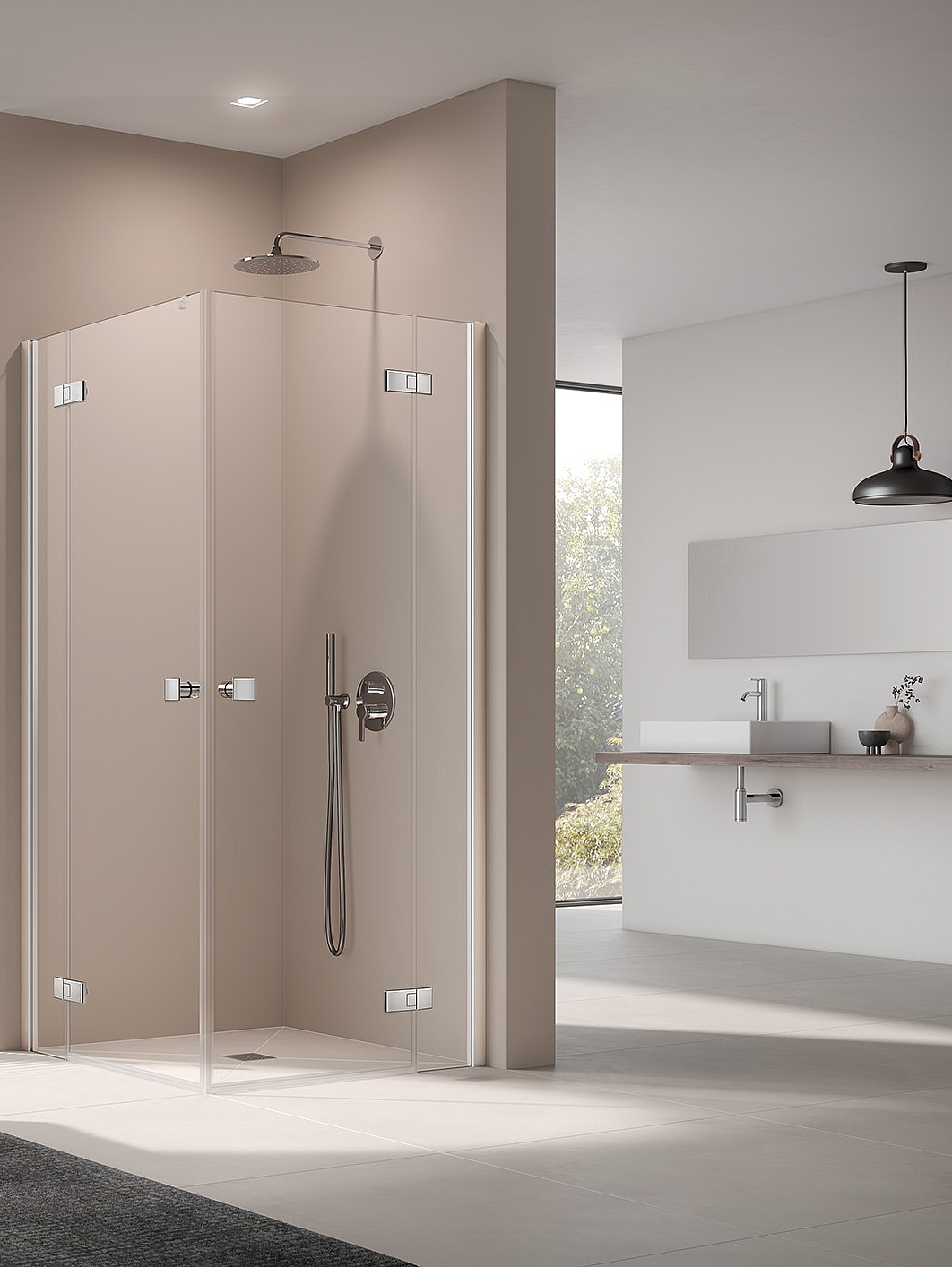 Paroi de douche Kermi avec accès d’angle MENA 2 éléments (portes pivotantes avec éléments fixes) – Demi-ensemble avec profilé mural