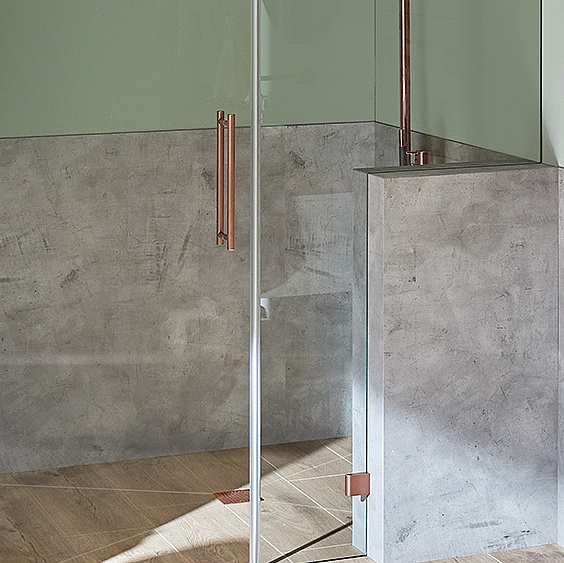 Kermi Duschdesign Beschlag-Duschkabine MENA Pendeltür 1-flügelig und Festfeld mitAusschnitt an Vormauerung in Classic Kupfer über EXTRA