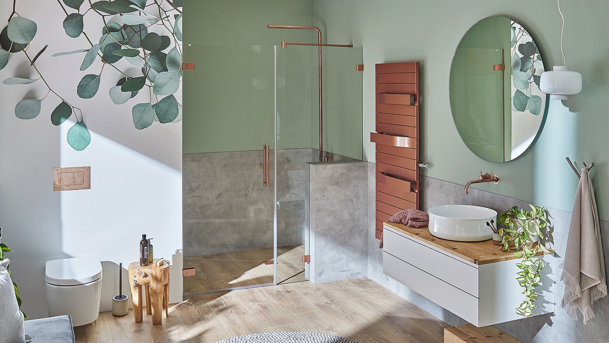 Kermi Beschlag-Duschkabine MENA Pendeltür 1-flügelig und Festfeld mitAusschnitt an Vormauerung in Classic Kupfer über EXTRA