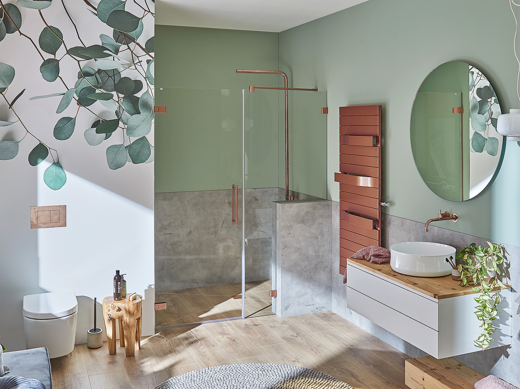 Kermi Beschlag-Duschkabine MENA Pendeltür 1-flügelig und Festfeld mitAusschnitt an Vormauerung in Classic Kupfer über EXTRA