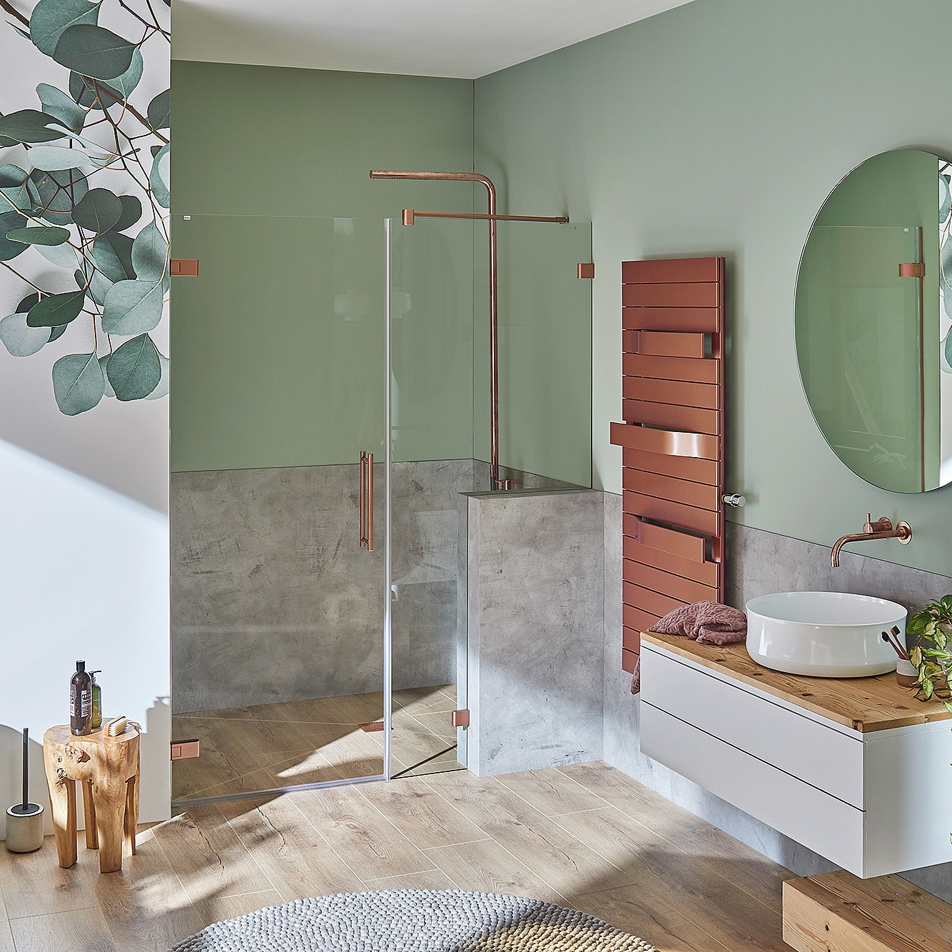 Kermi Duschdesign Beschlag-Duschkabine MENA Pendeltür 1-flügelig und Festfeld mitAusschnitt an Vormauerung in Classic Kupfer über EXTRA