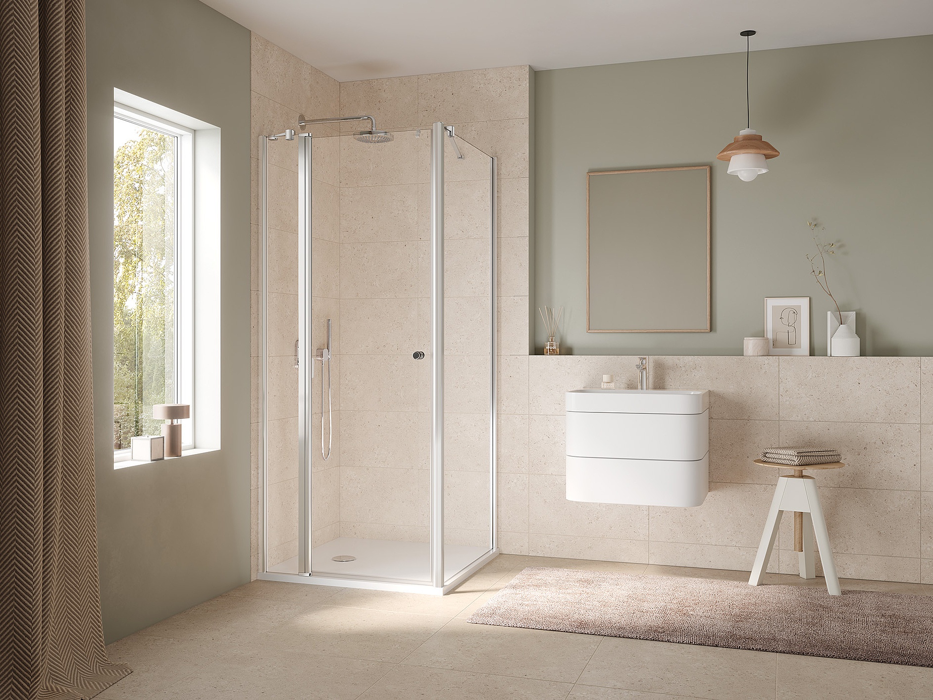 Paroi de douche à profilé Kermi avec porte pivotante JONA à 1 vantail avec élément fixe