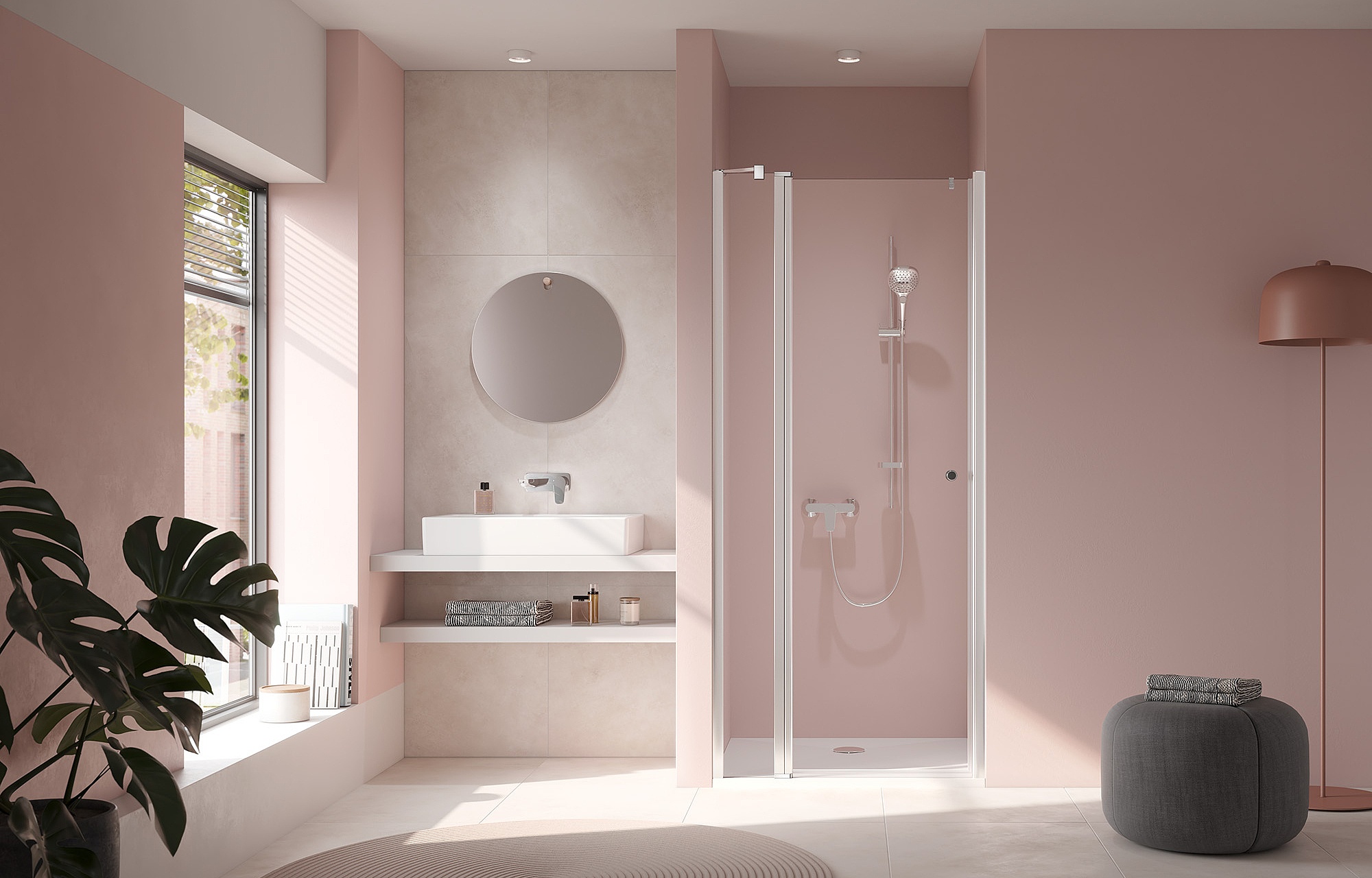 Paroi de douche à profilé Kermi avec porte pivotante JONA à 1 vantail avec élément fixe