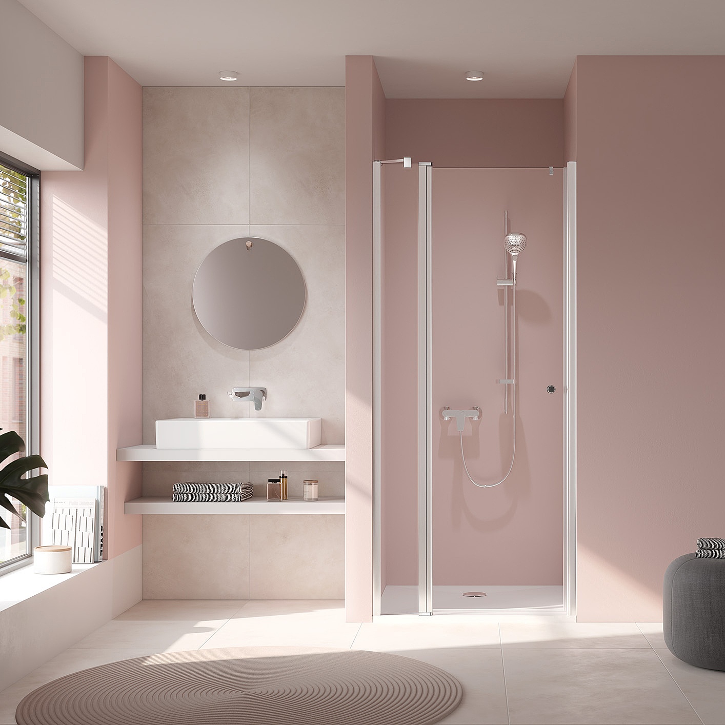 Paroi de douche à profilé Kermi avec porte pivotante JONA à 1 vantail avec élément fixe