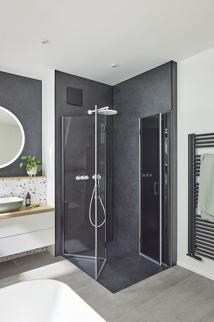 Kermi Profile shower enclosure LIGA 2-part corner entry in Soft Black with Grey single panel safety colored glass 