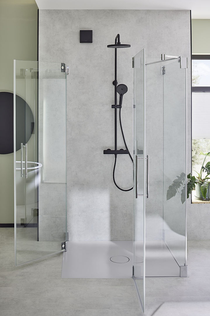 Kermi Hinged shower enclosure PASA two-part corner entry and side wall, door opened