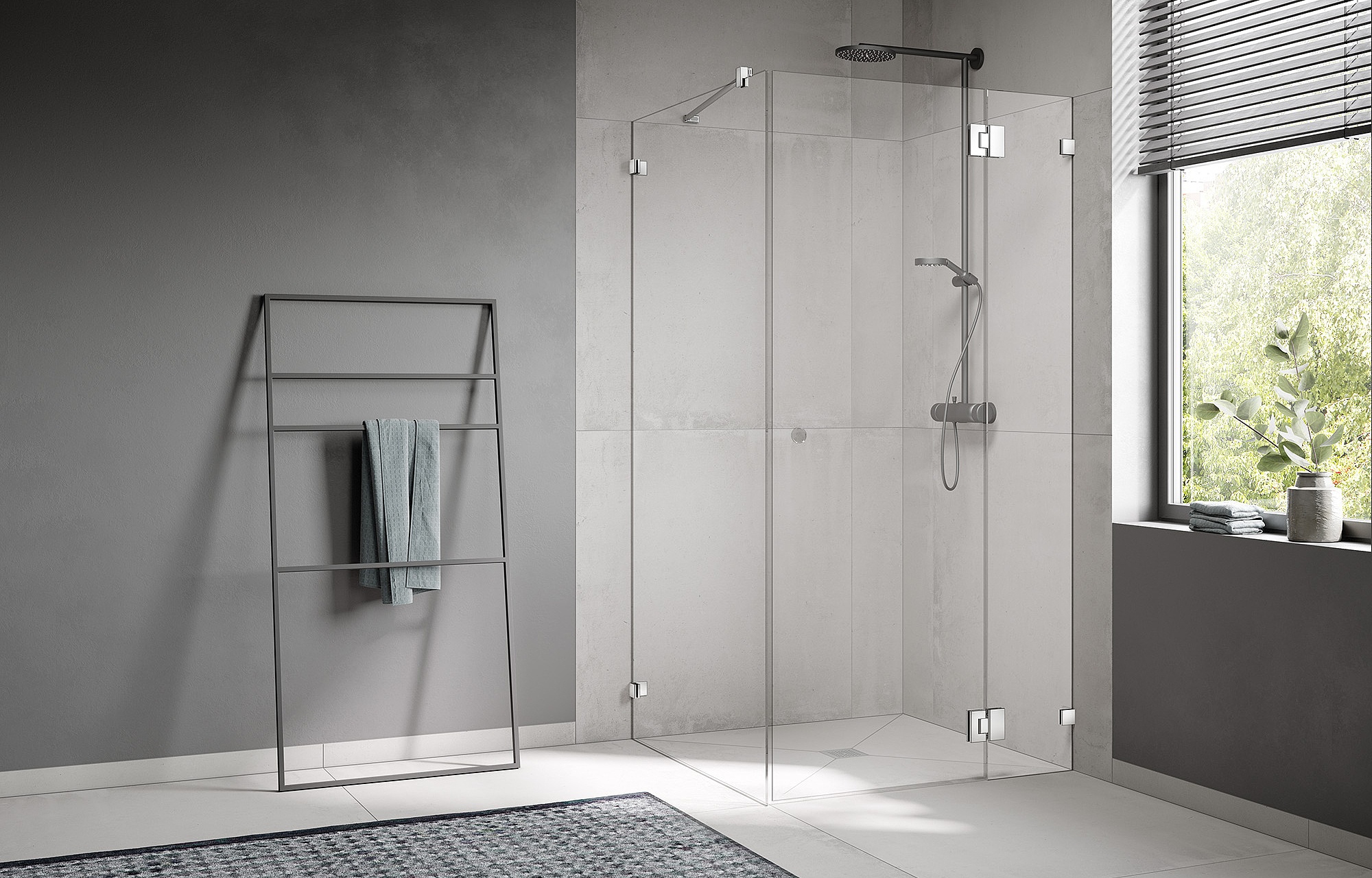 Kermi beslag-douchescherm XENA 2.0 draaideur naar binnen en buiten te openen met vast segment en zijwand