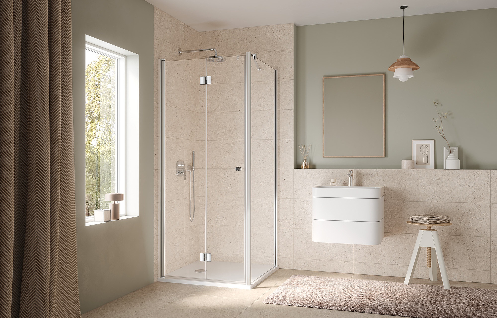 Paroi de douche à profilé Kermi avec porte pivotante repliable JONA et paroi latérale