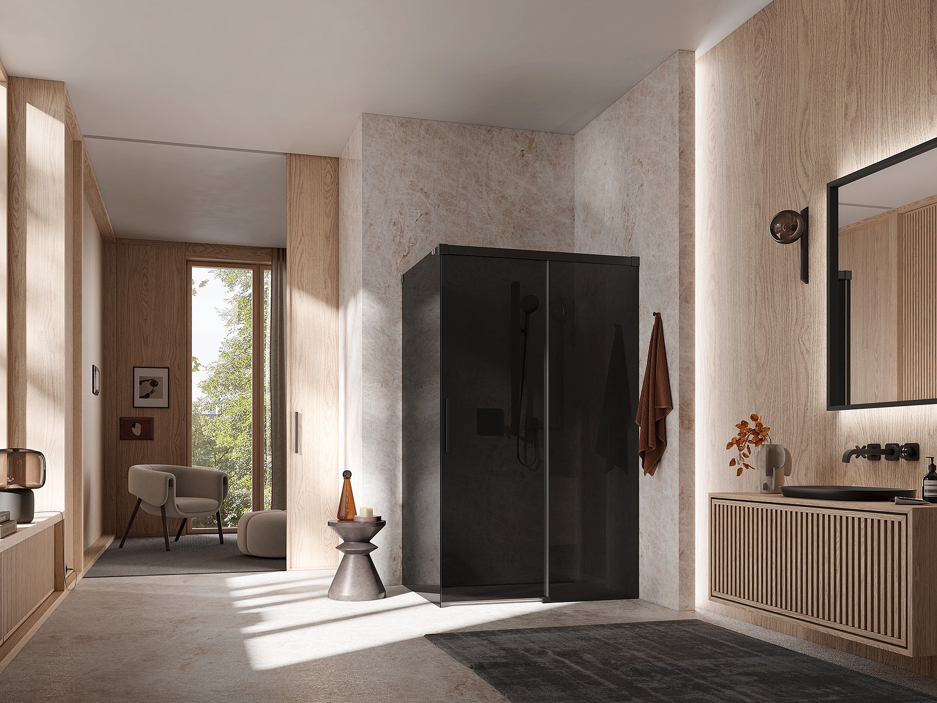 Kermi Profil-Duschkabine NICA Gleittür 2-teilig bodenfrei mit Festfeld ohne Wandprofil in Kombination mit Seitenwand ohne Wandprofil in Schwarz Soft und Farbglas Dunkelgrau über EXTRA