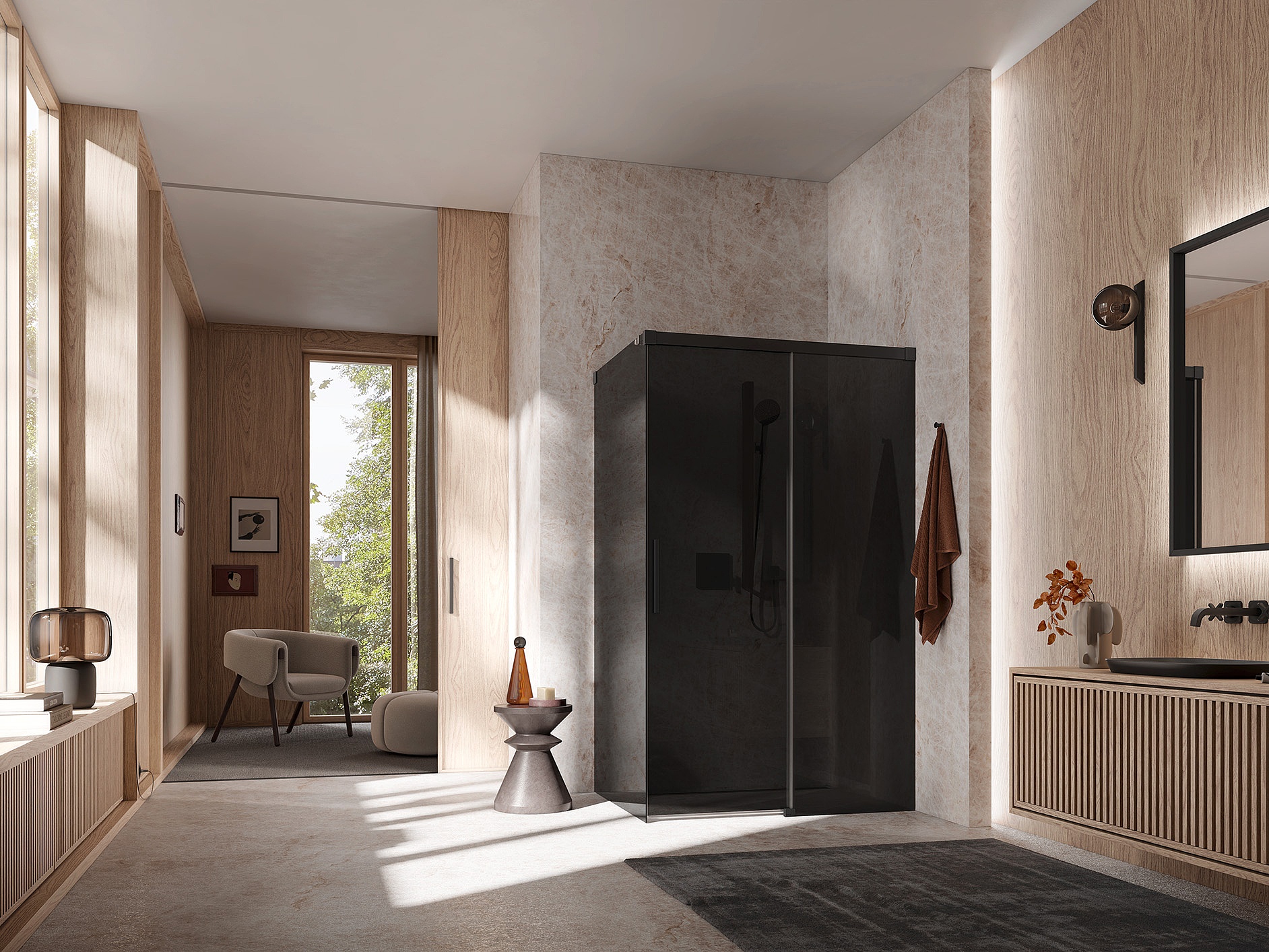 Kermi Profil-Duschkabine NICA Gleittür 2-teilig bodenfrei mit Festfeld ohne Wandprofil in Kombination mit Seitenwand ohne Wandprofil in Schwarz Soft und Farbglas Dunkelgrau über EXTRA